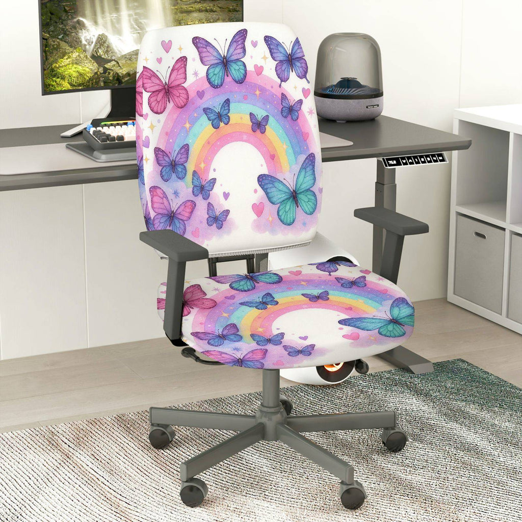 2-Piece Butterfly Rainbow Colorful Pattern Cute Decorative  Computer Chair Cover Set, Seat and Backrest