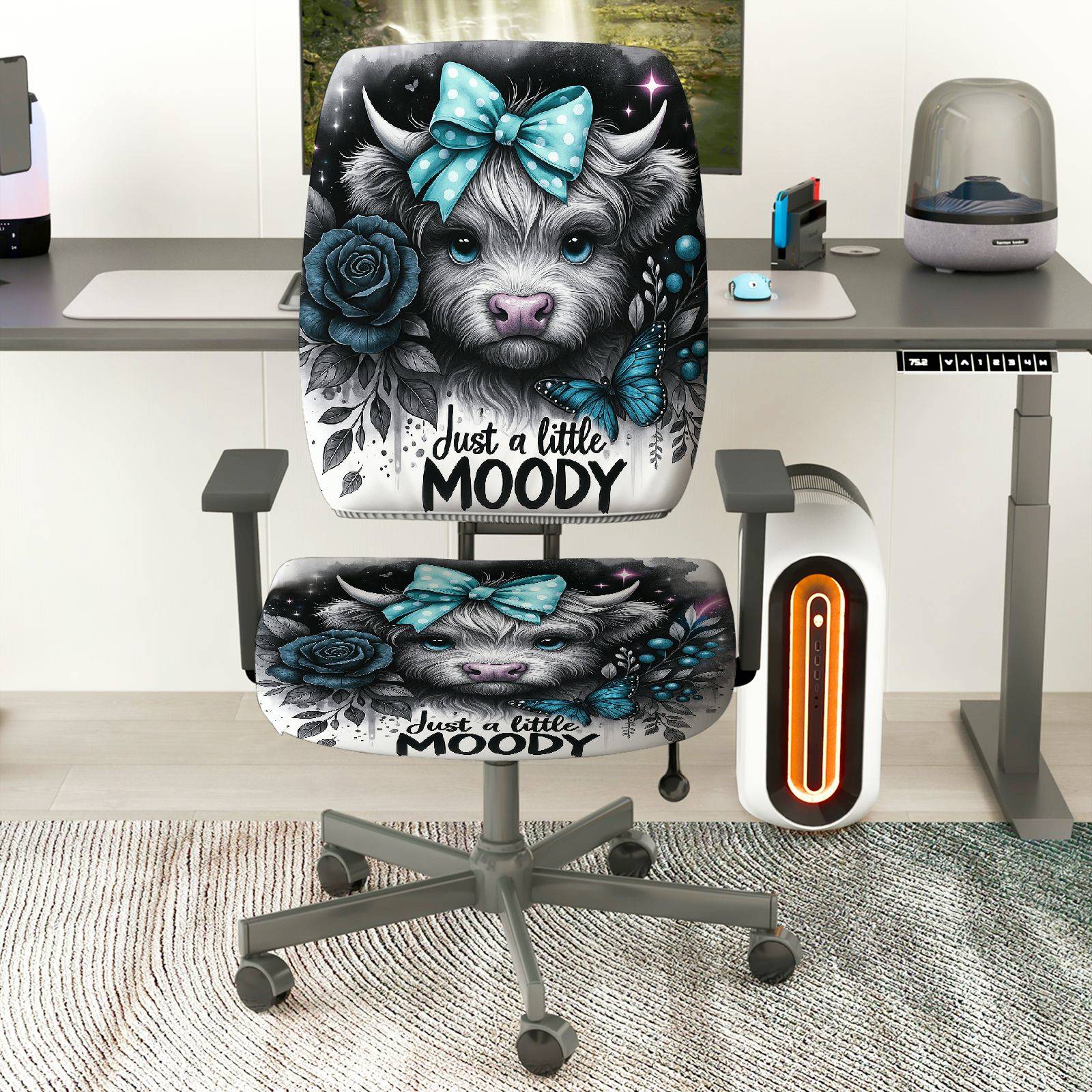 2-Piece Stylish Animal Flower Butterfly Bow Text  Computer Chair Cover Set, Seat and Backrest