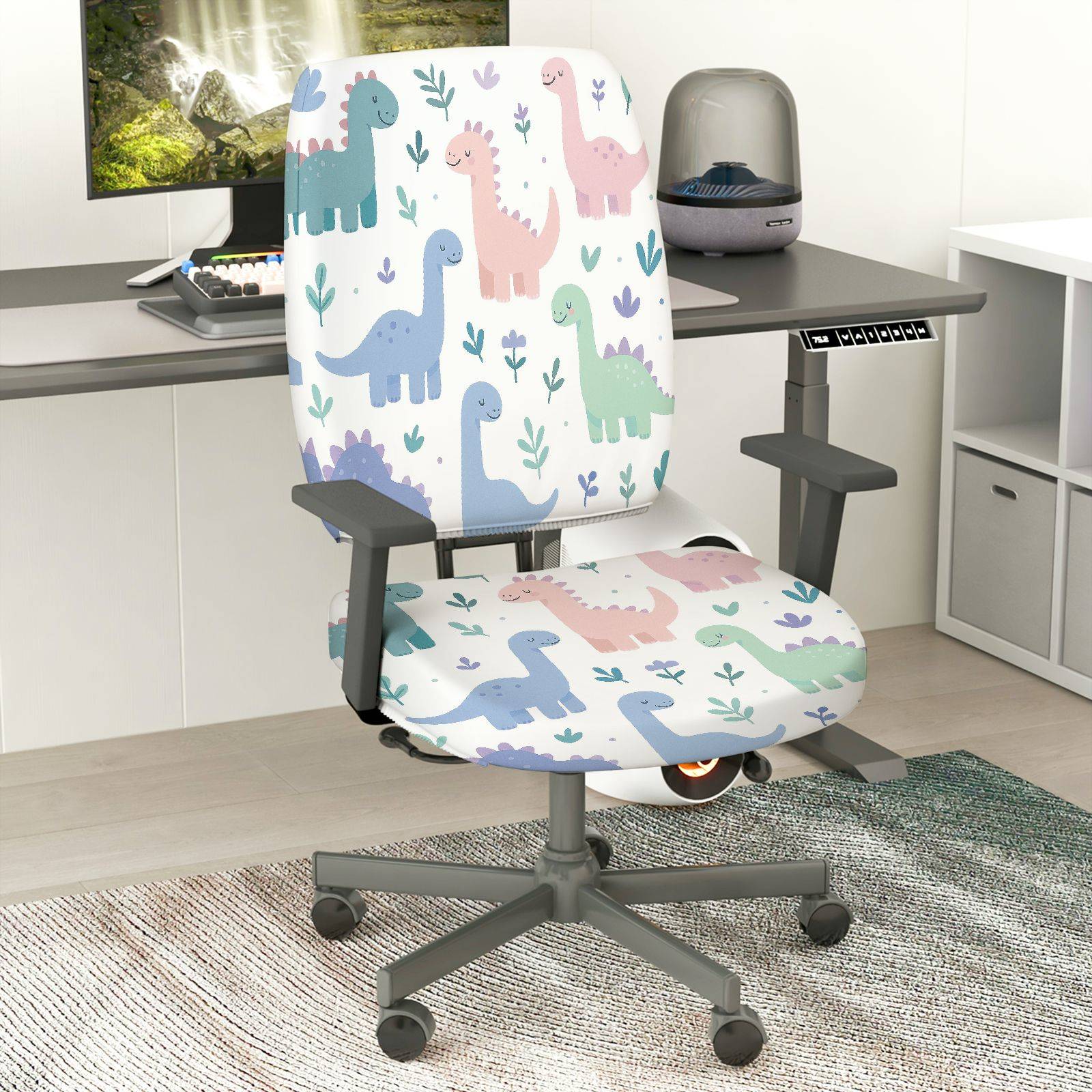 2-Piece Cute Dinosaur Pattern Decorative Printed  Computer Chair Cover Set, Seat and Backrest