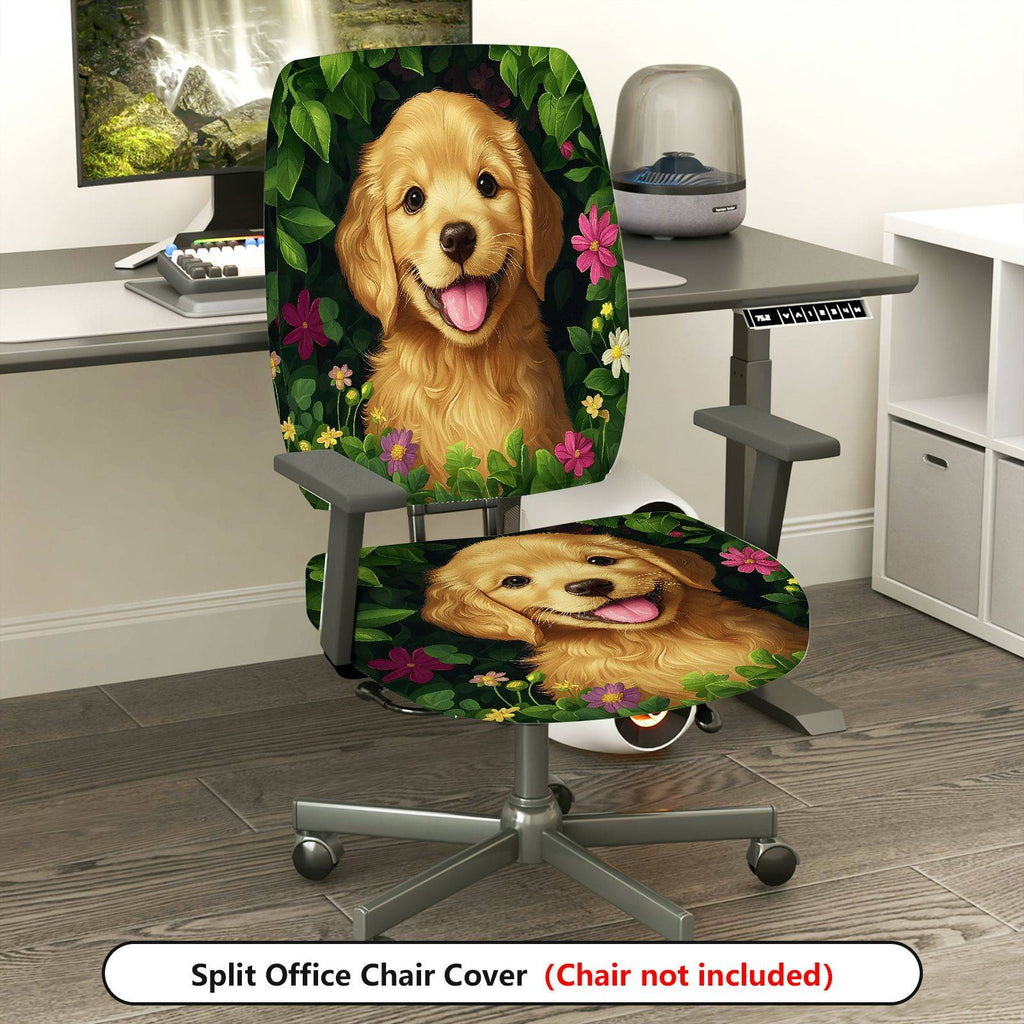 2-Piece Dog Floral Nature Green Pink  Computer Chair Cover Set, Seat and Backrest