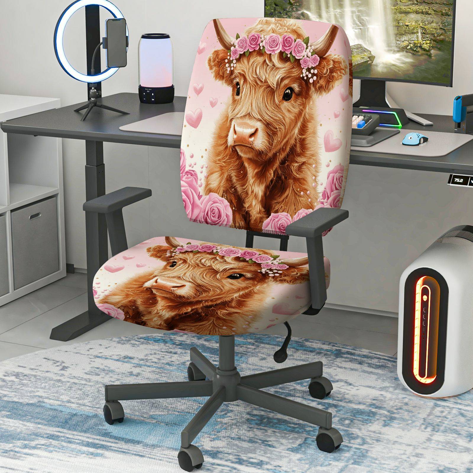2-Piece Cute Highland Cow Flower Romantic Pink Festival  Computer Chair Cover Set, Seat and Backrest
