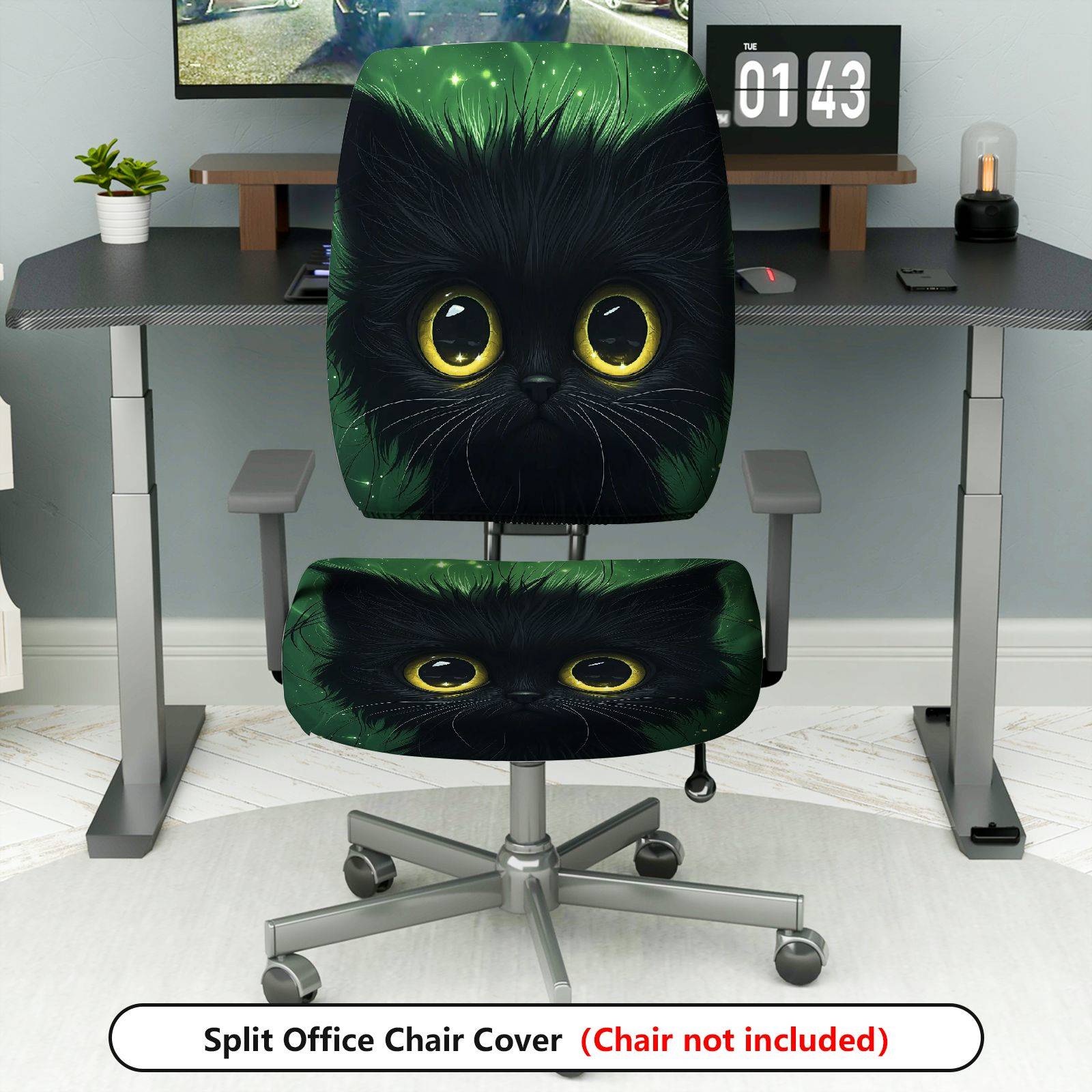 2-Piece Cute Black Cat Green Artistic Vibrant Halloween  Computer Chair Cover Set, Seat and Backrest