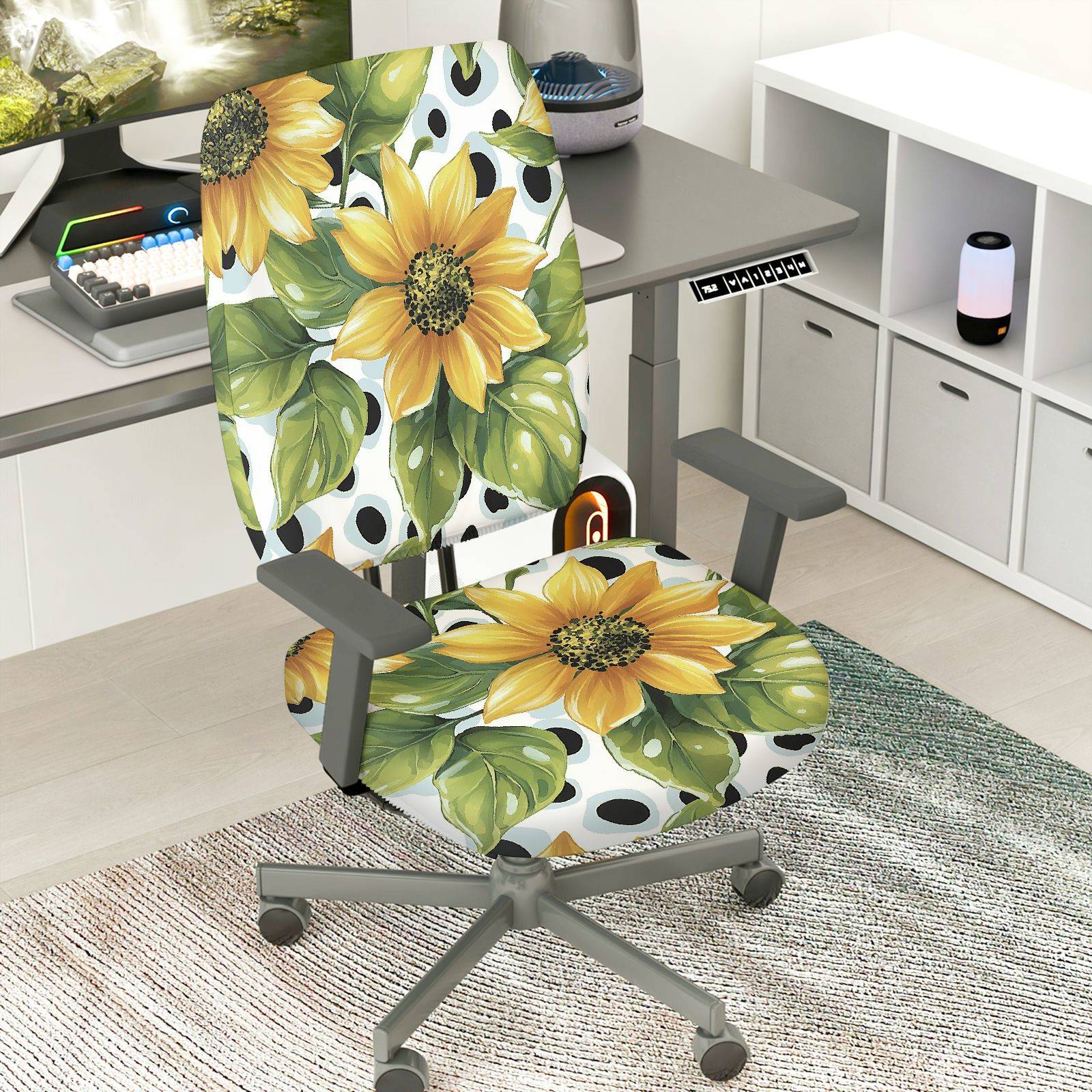 2-Piece Sunflower Green Leaves Dot Floral  Computer Chair Cover Set, Seat and Backrest