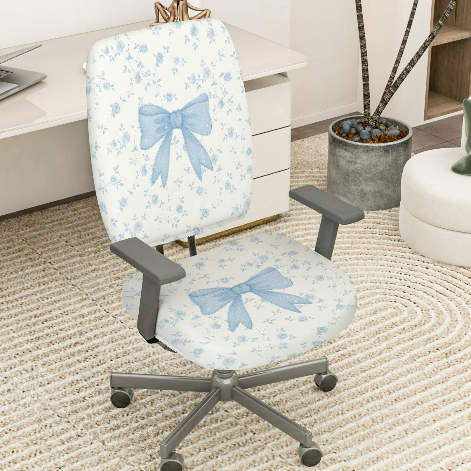 2-Piece Floral Bowknot Pattern Blue White Cute  Computer Chair Cover Set, Seat and Backrest