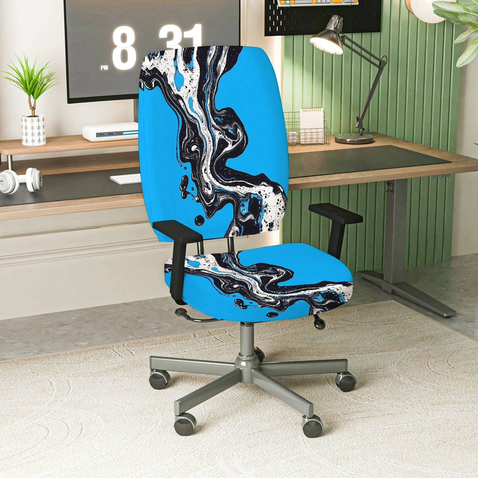 2-Piece Abstract Blue Artistic Modern Stylish  Computer Chair Cover Set, Seat and Backrest