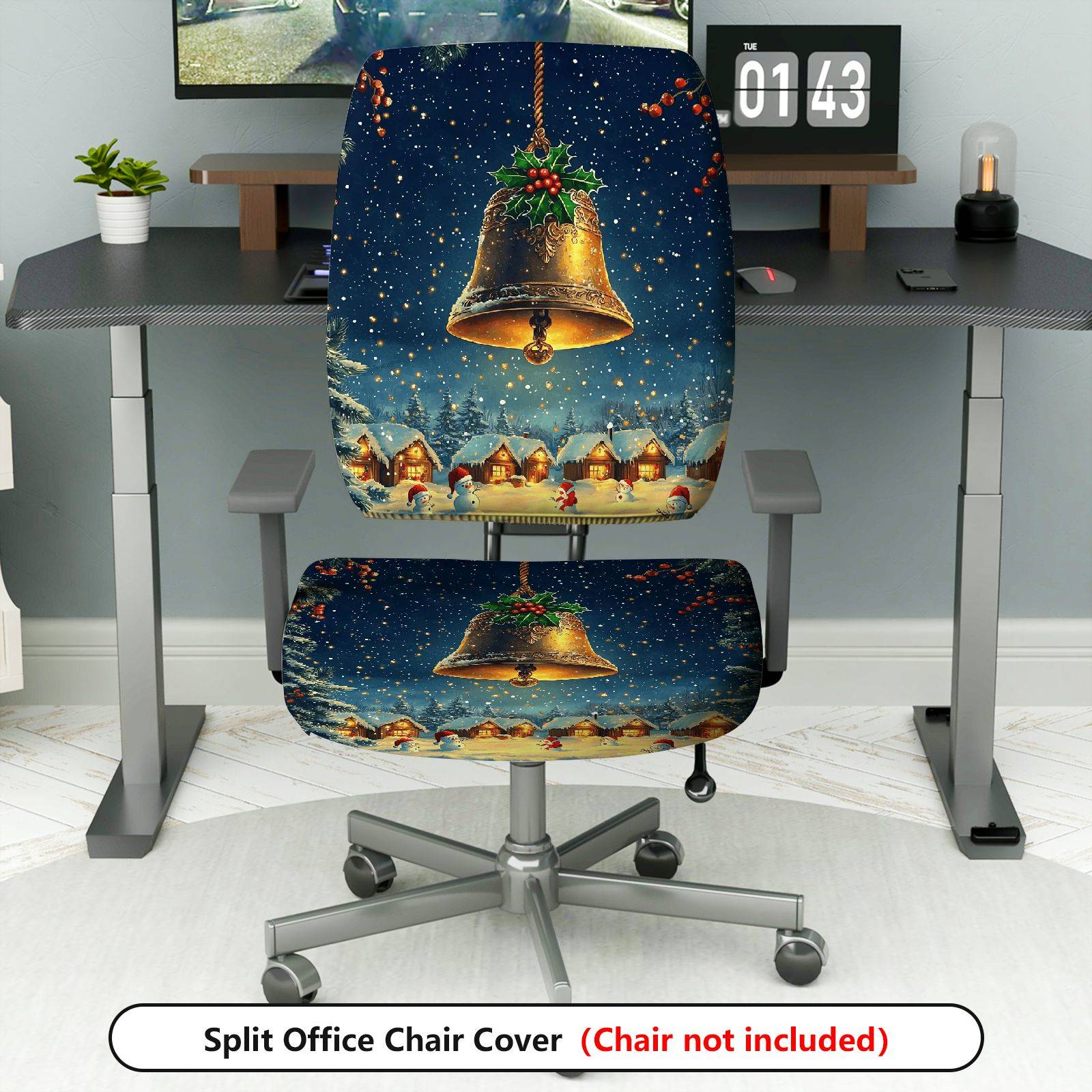2-Piece Christmas Bell Winter Snow Holiday Decorative  Computer Chair Cover Set, Seat and Backrest