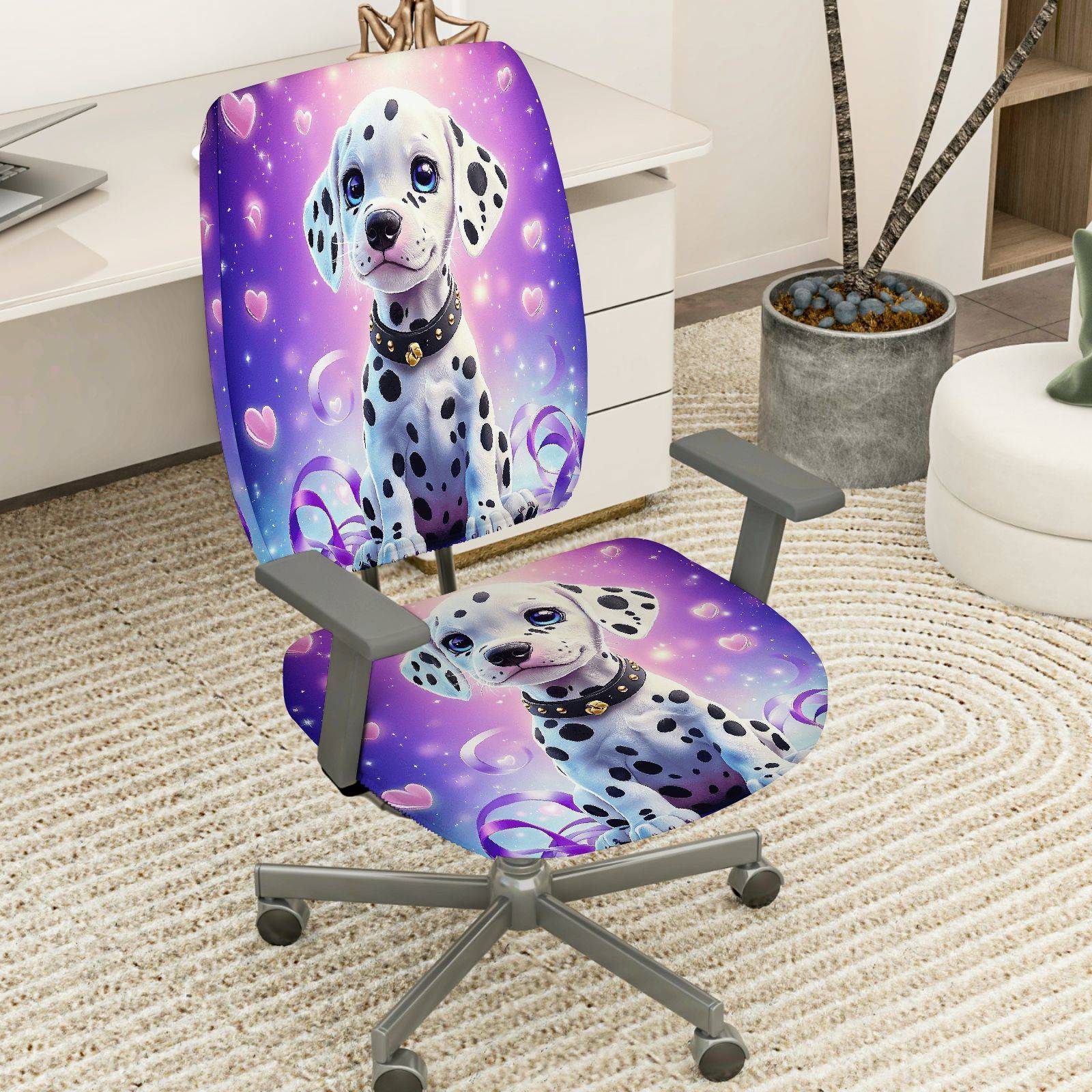 2-Piece Dalmatian Dog Heart Stars Purple  Computer Chair Cover Set, Seat and Backrest