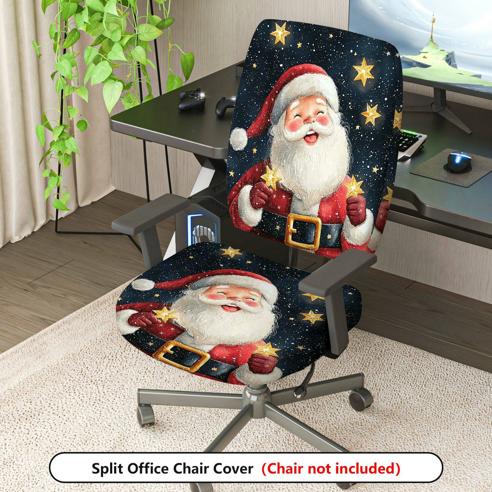 2-Piece Santa Claus Christmas Stars Pattern  Computer Chair Cover Set, Seat and Backrest