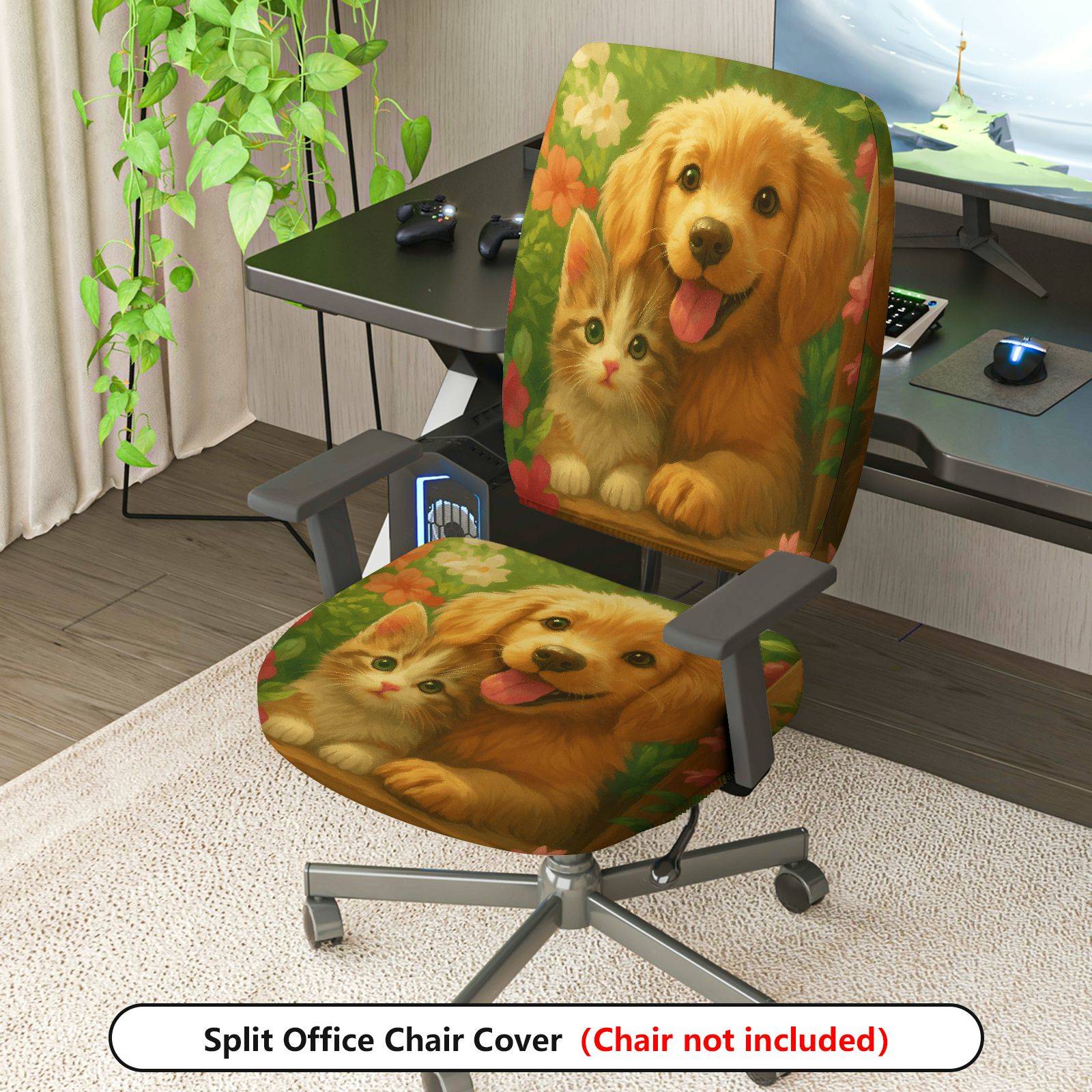 2-Piece Floral Dog Animal Green Pattern  Computer Chair Cover Set, Seat and Backrest