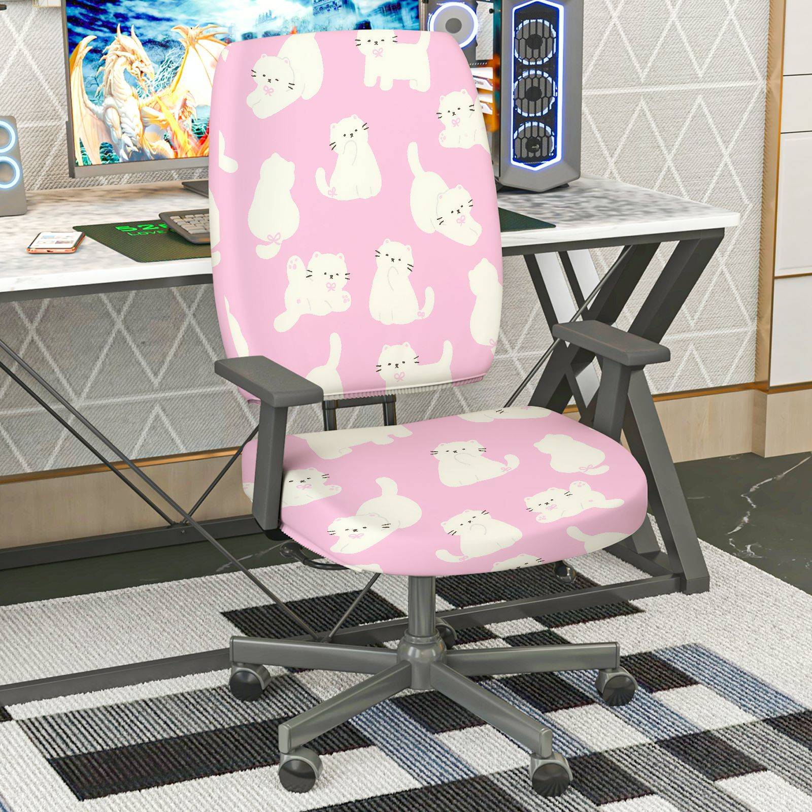 2-Piece Pink Cat Pattern Cute Decorative  Computer Chair Cover Set, Seat and Backrest