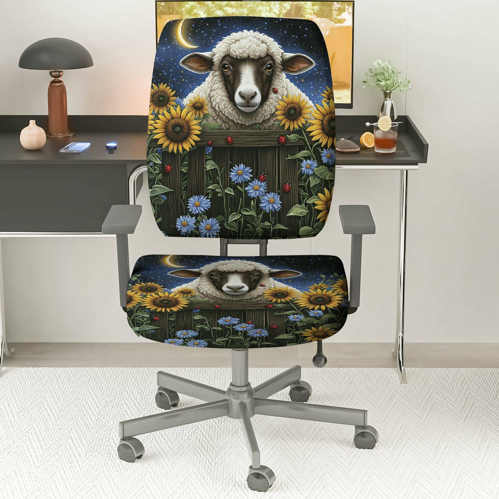 2-Piece Sheep Floral Night Sky Sunflower Daisy  Computer Chair Cover Set, Seat and Backrest