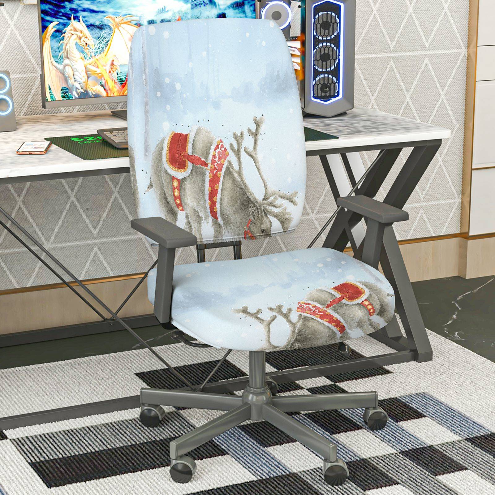 2-Piece Christmas Reindeer Winter Snow Decoration  Computer Chair Cover Set, Seat and Backrest