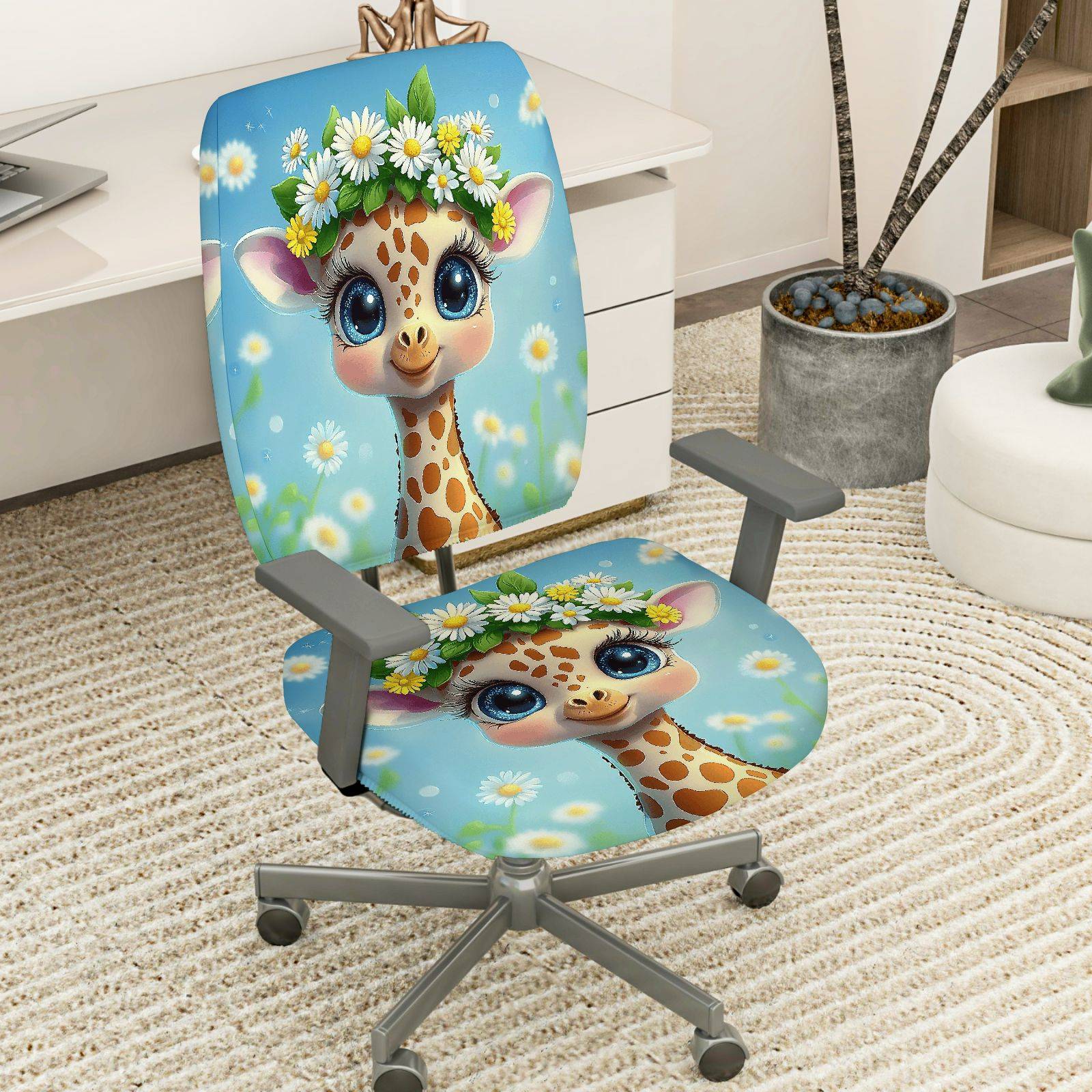 2-Piece Cute Giraffe Flower Decor Animal  Computer Chair Cover Set, Seat and Backrest