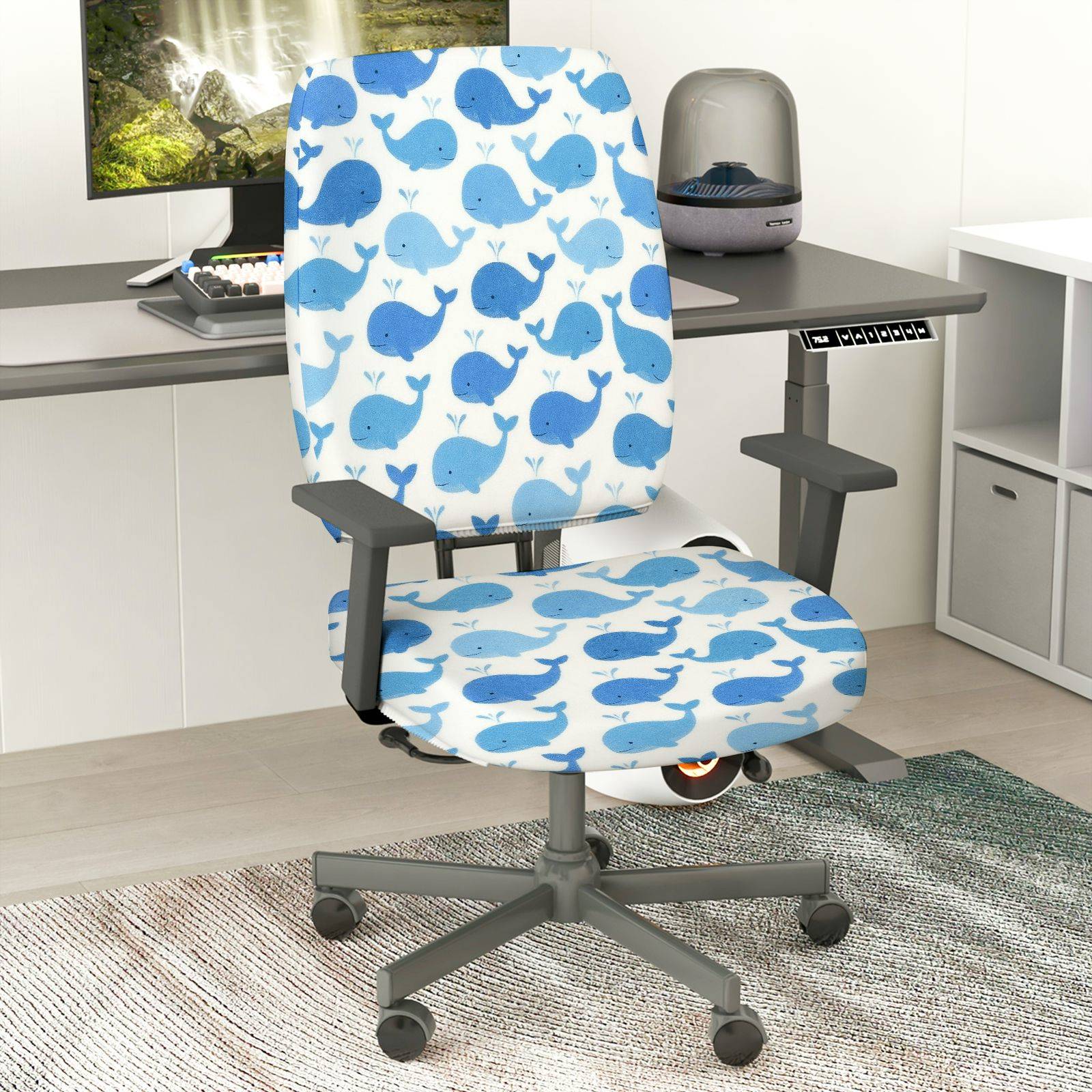 2-Piece Whale Pattern Blue White Fun Cute  Computer Chair Cover Set, Seat and Backrest