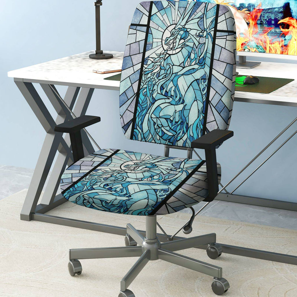 2-Piece Abstract Geometric Art Stained Glass Unicorn Blue  Computer Chair Cover Set, Seat and Backrest
