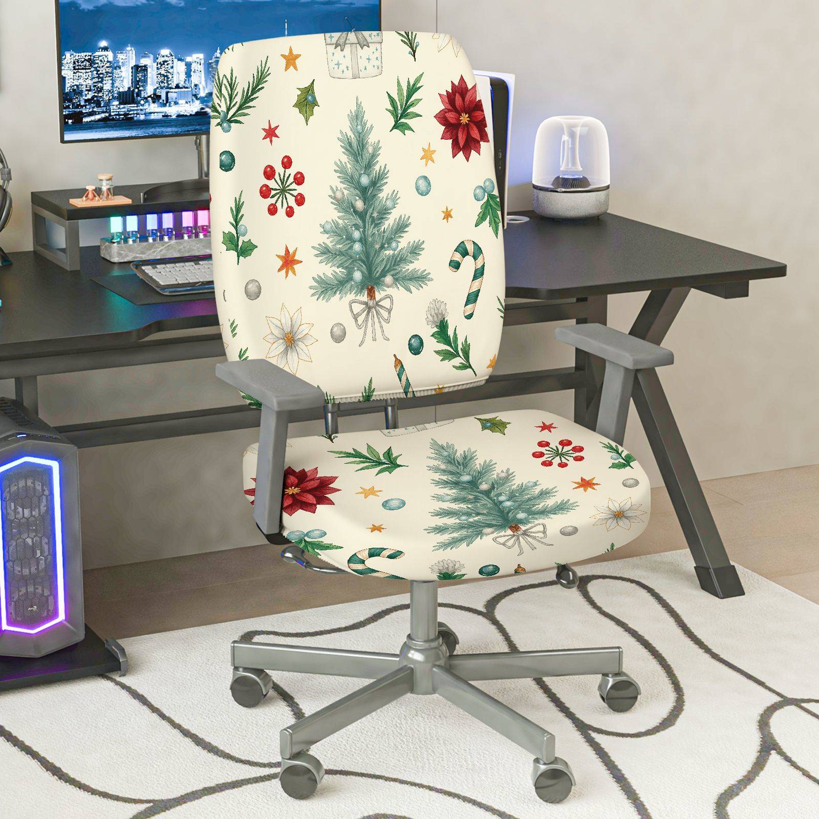 2-Piece Christmas Holiday Festive Winter Pine Snowflake  Computer Chair Cover Set, Seat and Backrest