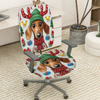 2-Piece Christmas Reindeer Dog Green Hat Festive Gift  Computer Chair Cover Set, Seat and Backrest