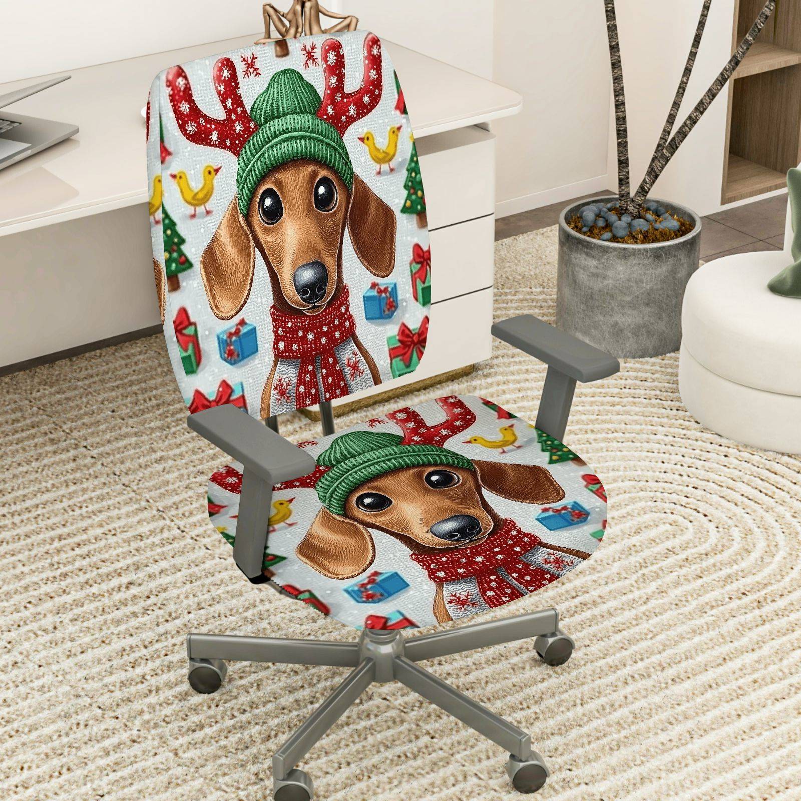 2-Piece Christmas Reindeer Dog Green Hat Festive Gift  Computer Chair Cover Set, Seat and Backrest