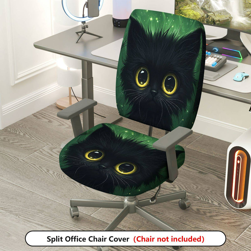 2-Piece Cute Black Cat Green Artistic Vibrant Halloween  Computer Chair Cover Set, Seat and Backrest