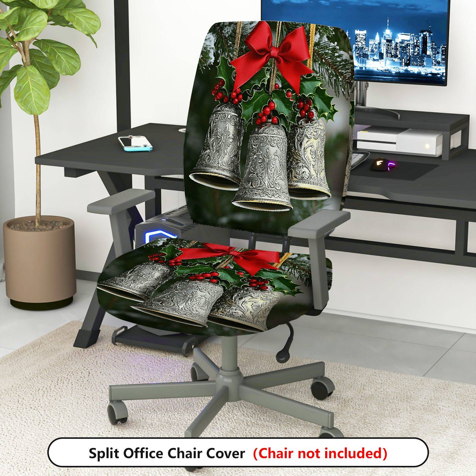 2-Piece Christmas Bell Holly Red Bow Holiday  Computer Chair Cover Set, Seat and Backrest