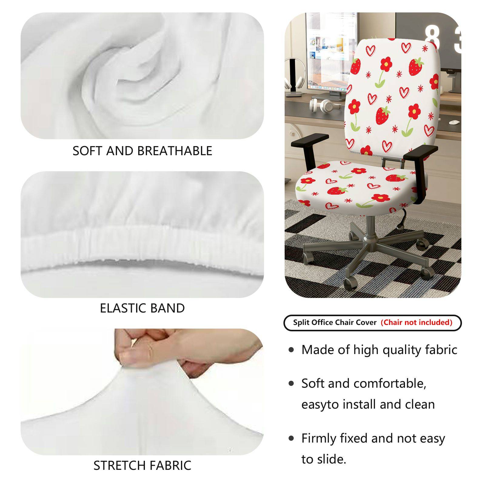 2-Piece Strawberry Flower Heart Pattern  Computer Chair Cover Set, Seat and Backrest