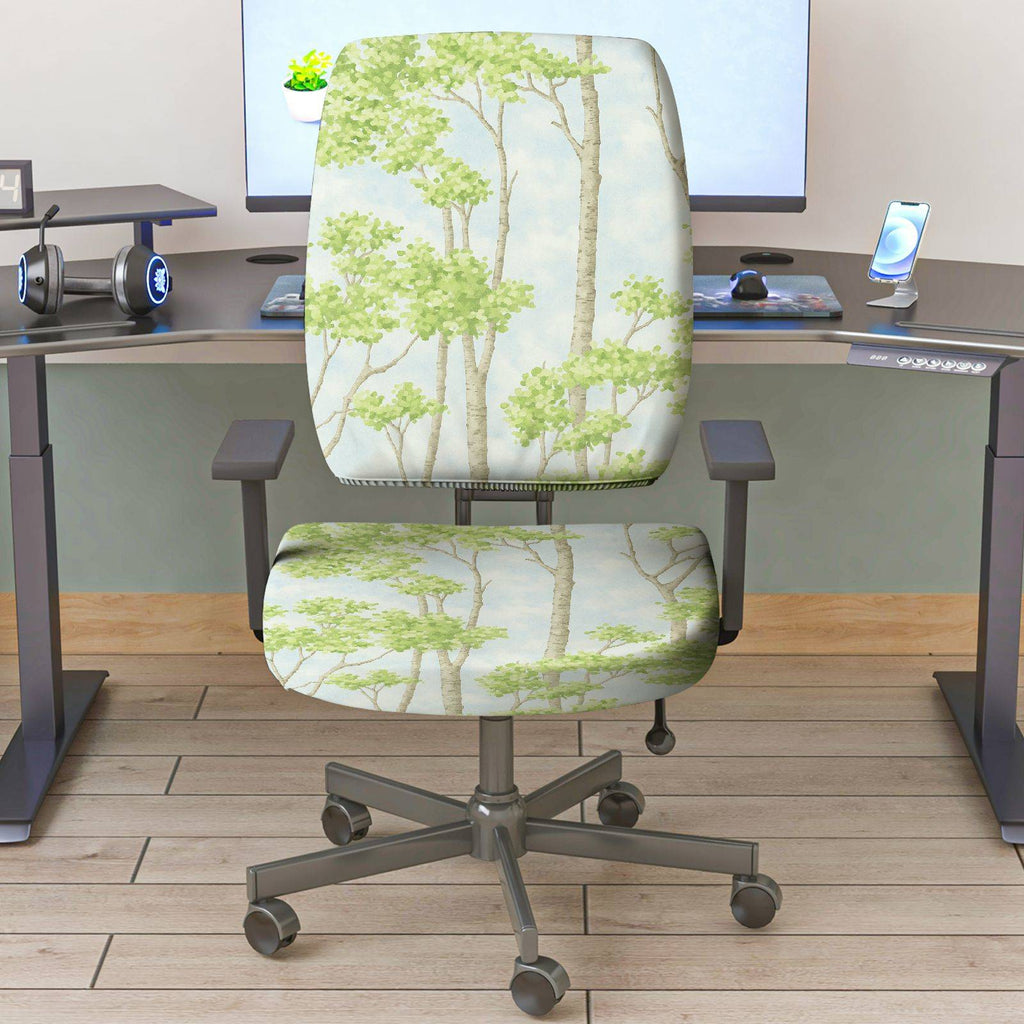 2-Piece Tree Sky Forest Green Nature  Computer Chair Cover Set, Seat and Backrest