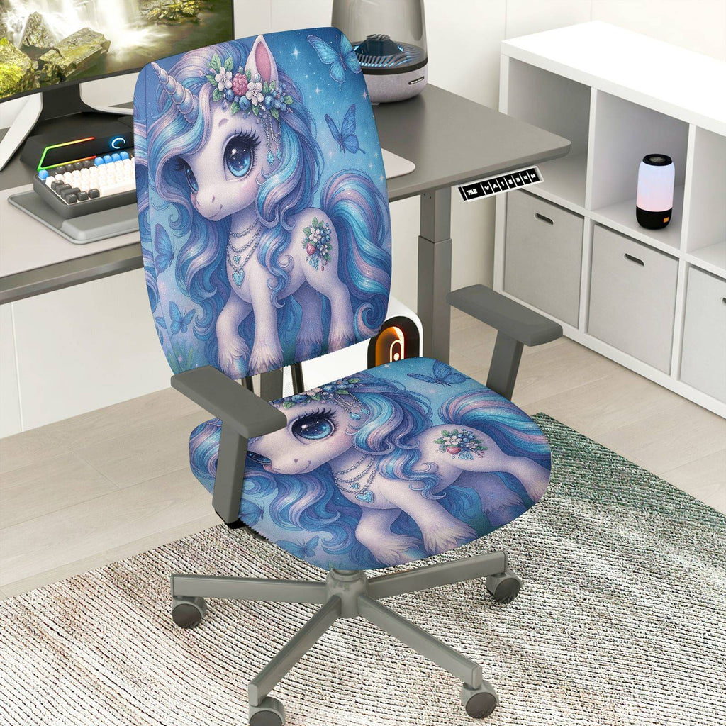 2-Piece Magical Unicorn Fantasy Butterfly Flower Glitter  Computer Chair Cover Set, Seat and Backrest