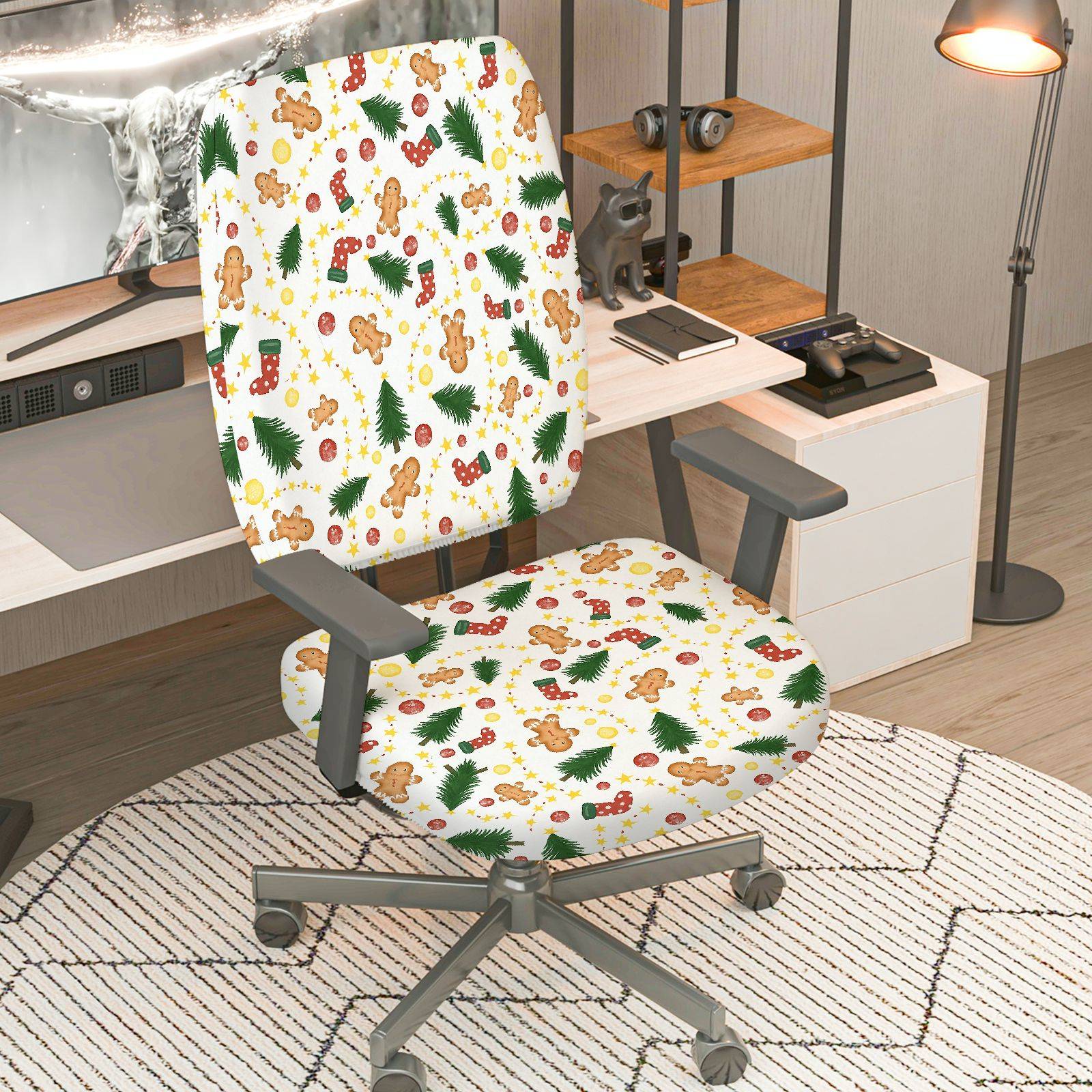 2-Piece Christmas Tree Gingerbread Snowflake Red Boots Yellow Star  Computer Chair Cover Set, Seat and Backrest