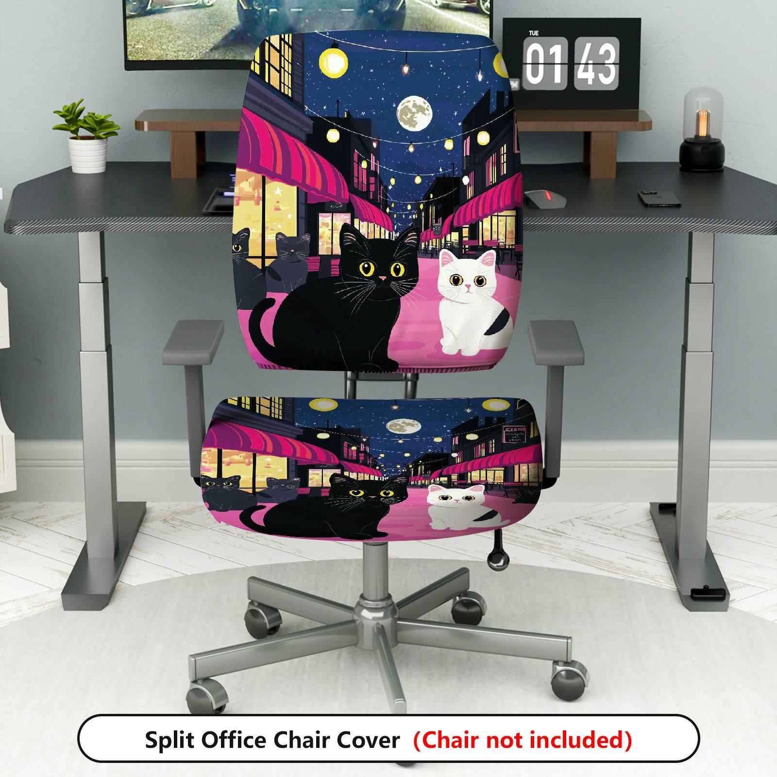 2-Piece Cat Night City Festival Decorative Moon  Computer Chair Cover Set, Seat and Backrest