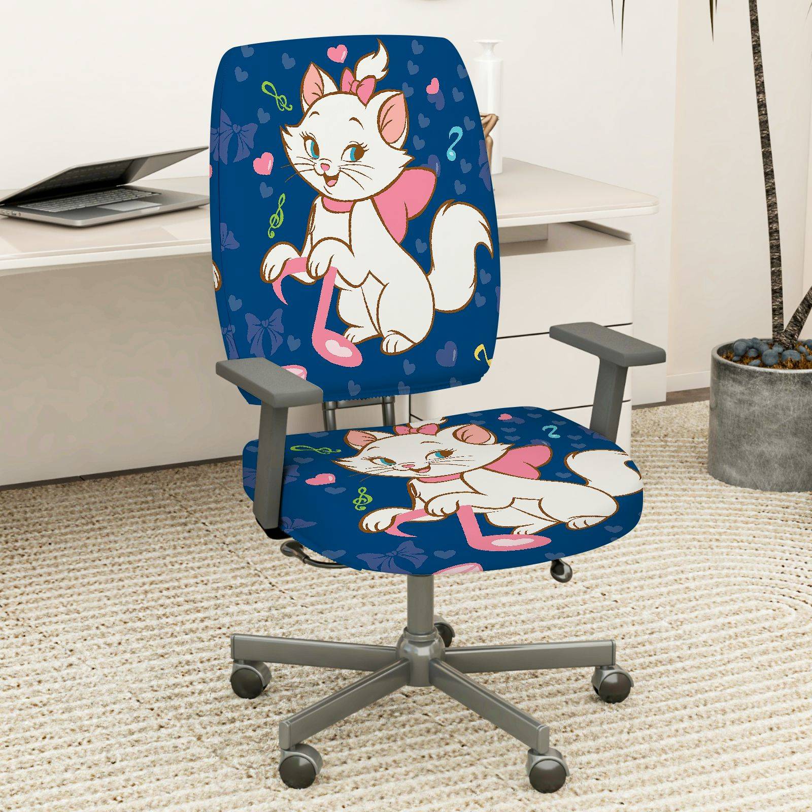 2-Piece Cute cat blue pink heart music bow  Computer Chair Cover Set, Seat and Backrest