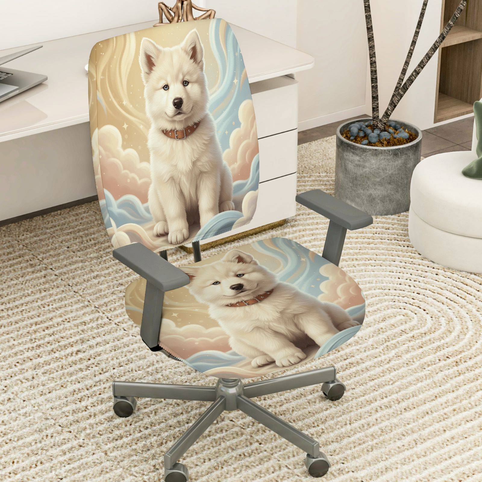 2-Piece Cute Dog Cloud Fantasy Dream Art  Computer Chair Cover Set, Seat and Backrest