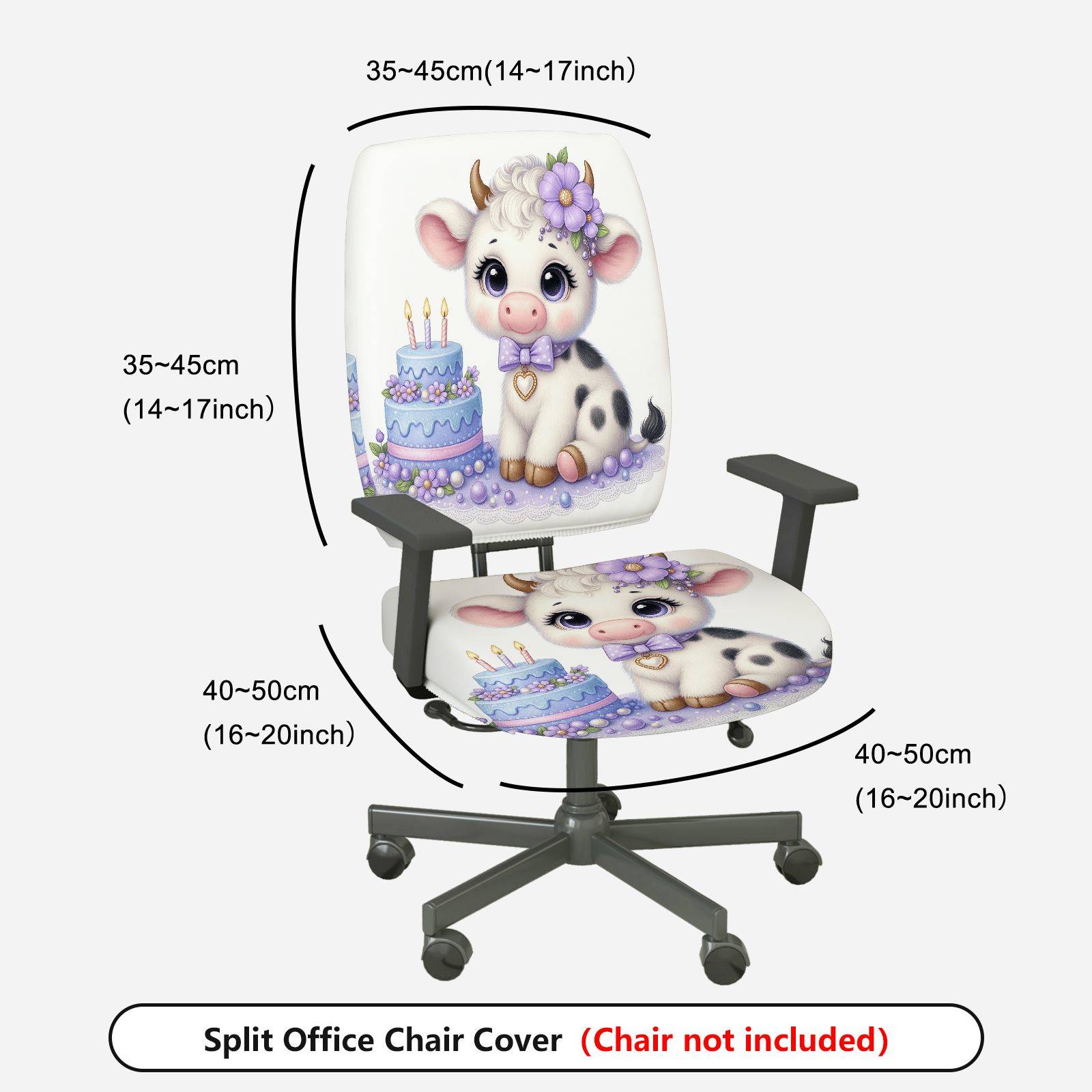 2-Piece Cow Birthday Celebration Cute Decorative  Computer Chair Cover Set, Seat and Backrest