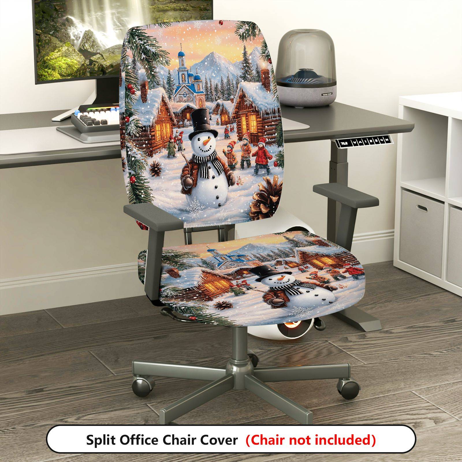 2-Piece Christmas Snowman Winter Village Festival Scene  Computer Chair Cover Set, Seat and Backrest