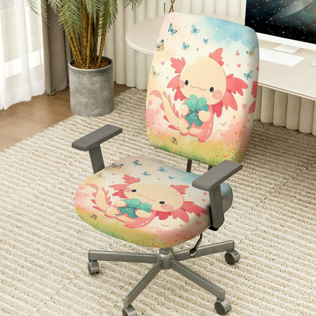 2-Piece Cute Axolotl Clover Flowers Butterflies  Computer Chair Cover Set, Seat and Backrest