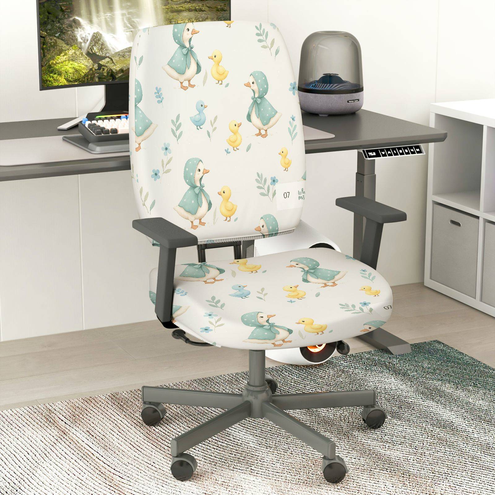 2-Piece Duck Floral Pastel Cute Playful  Computer Chair Cover Set, Seat and Backrest