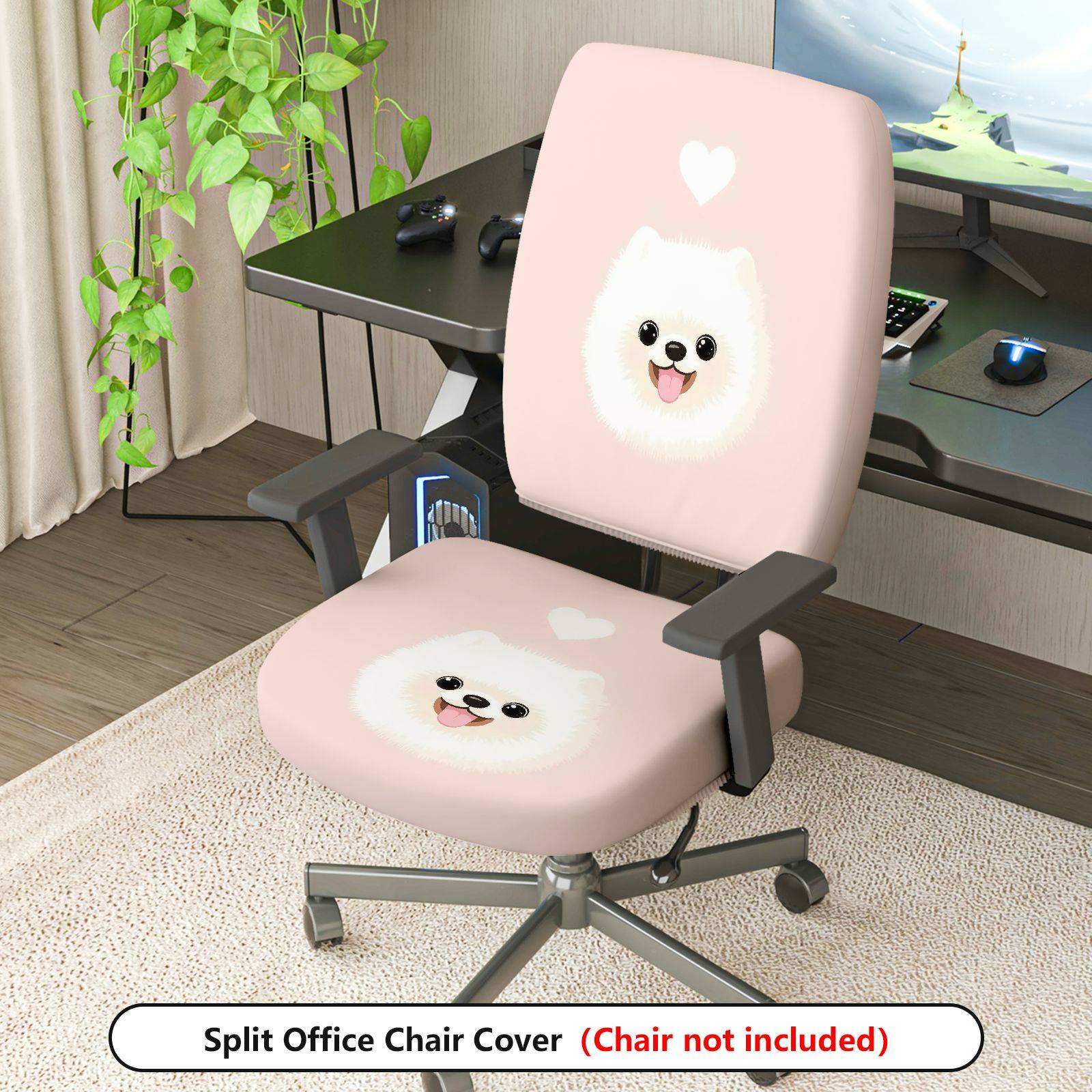 2-Piece Cute Dog Heart Pink Print  Computer Chair Cover Set, Seat and Backrest