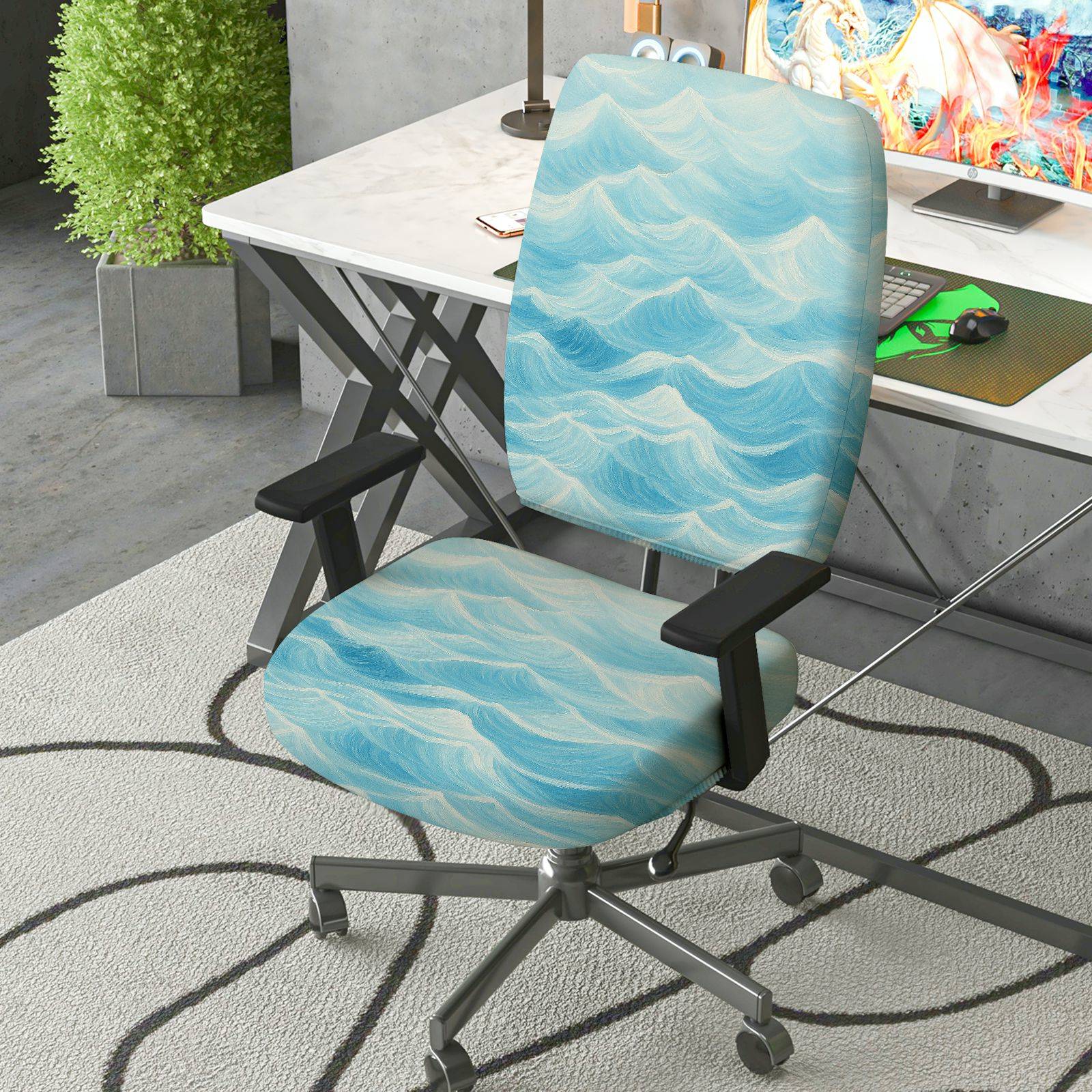2-Piece Abstract Ocean Wave Blue Pattern  Computer Chair Cover Set, Seat and Backrest
