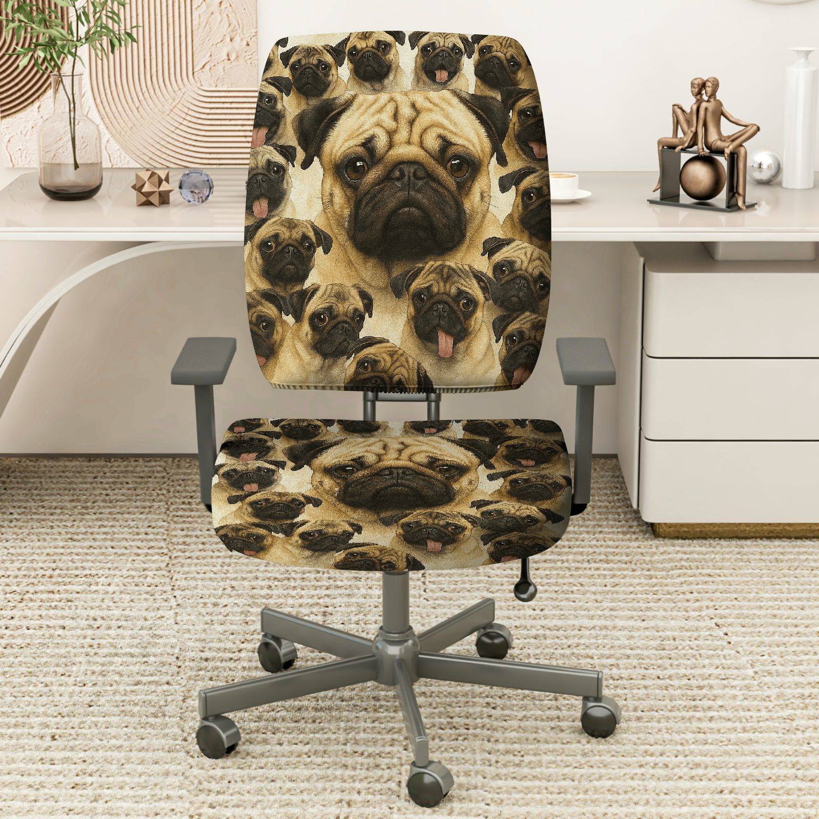 2-Piece Pug Dog Animal Print Cute Funny  Computer Chair Cover Set, Seat and Backrest