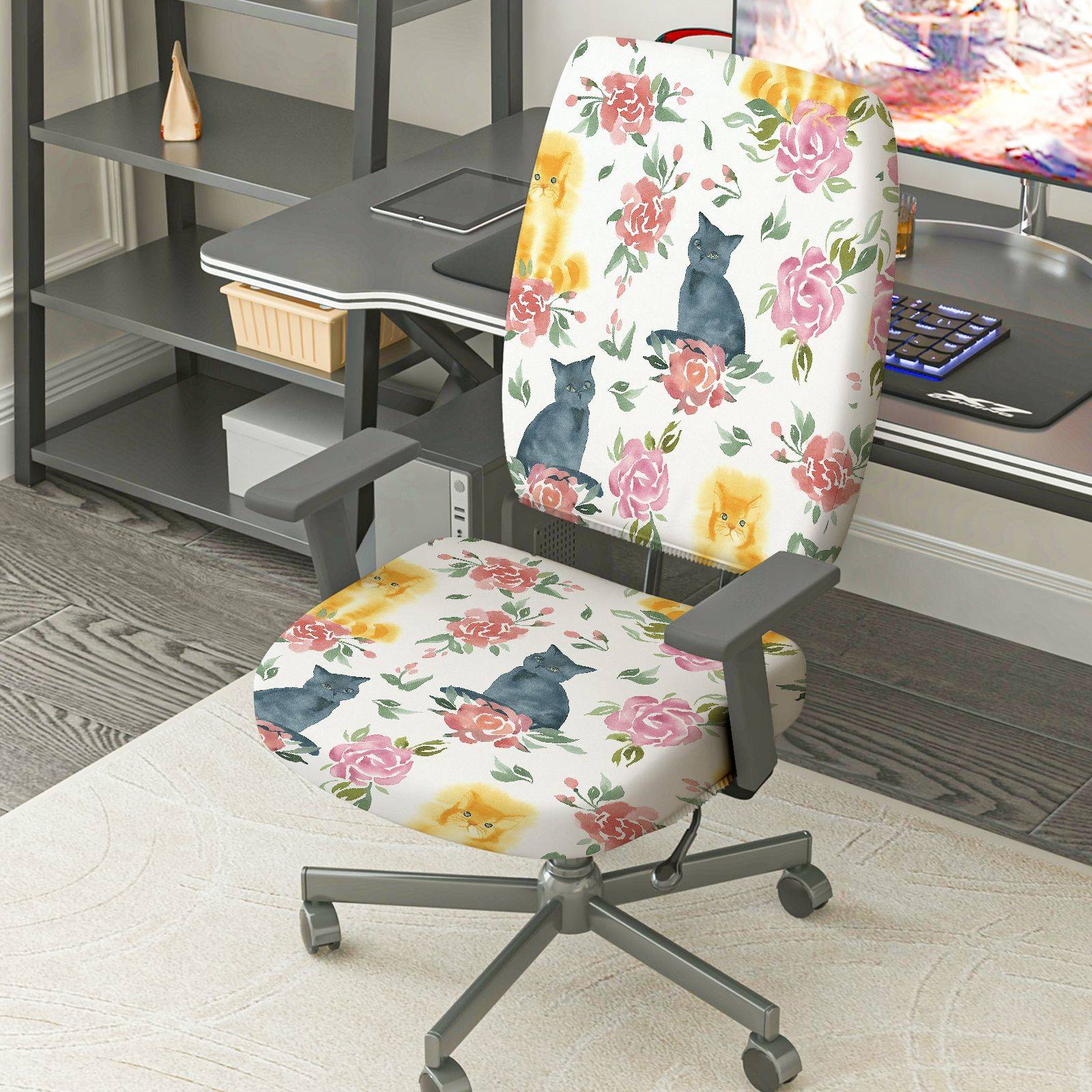 2-Piece Floral Cat Pattern Colorful Cute  Computer Chair Cover Set, Seat and Backrest
