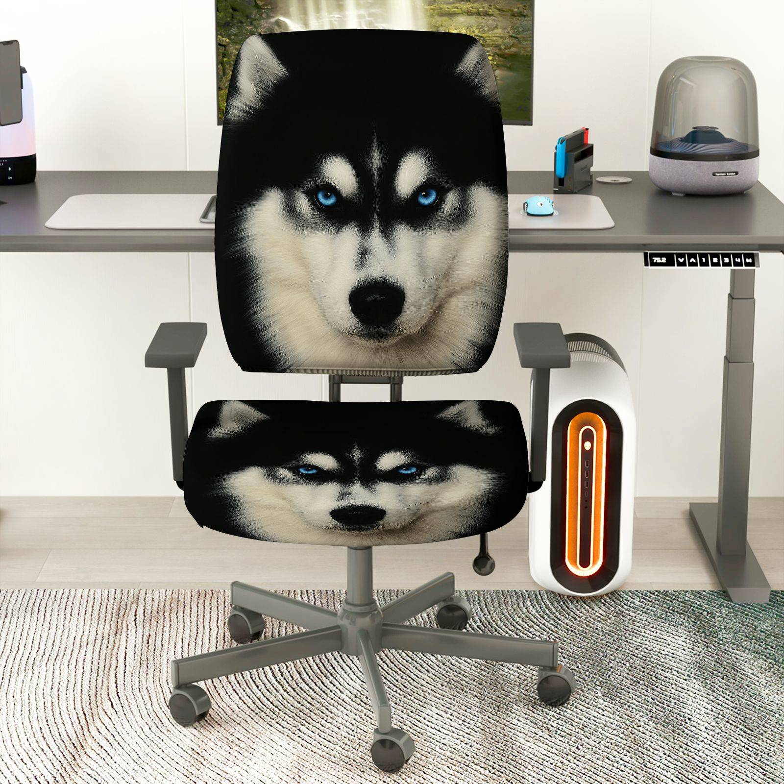 2-Piece Wolf Animal Art Blue Eyes Novelty Husky Dog  Computer Chair Cover Set, Seat and Backrest
