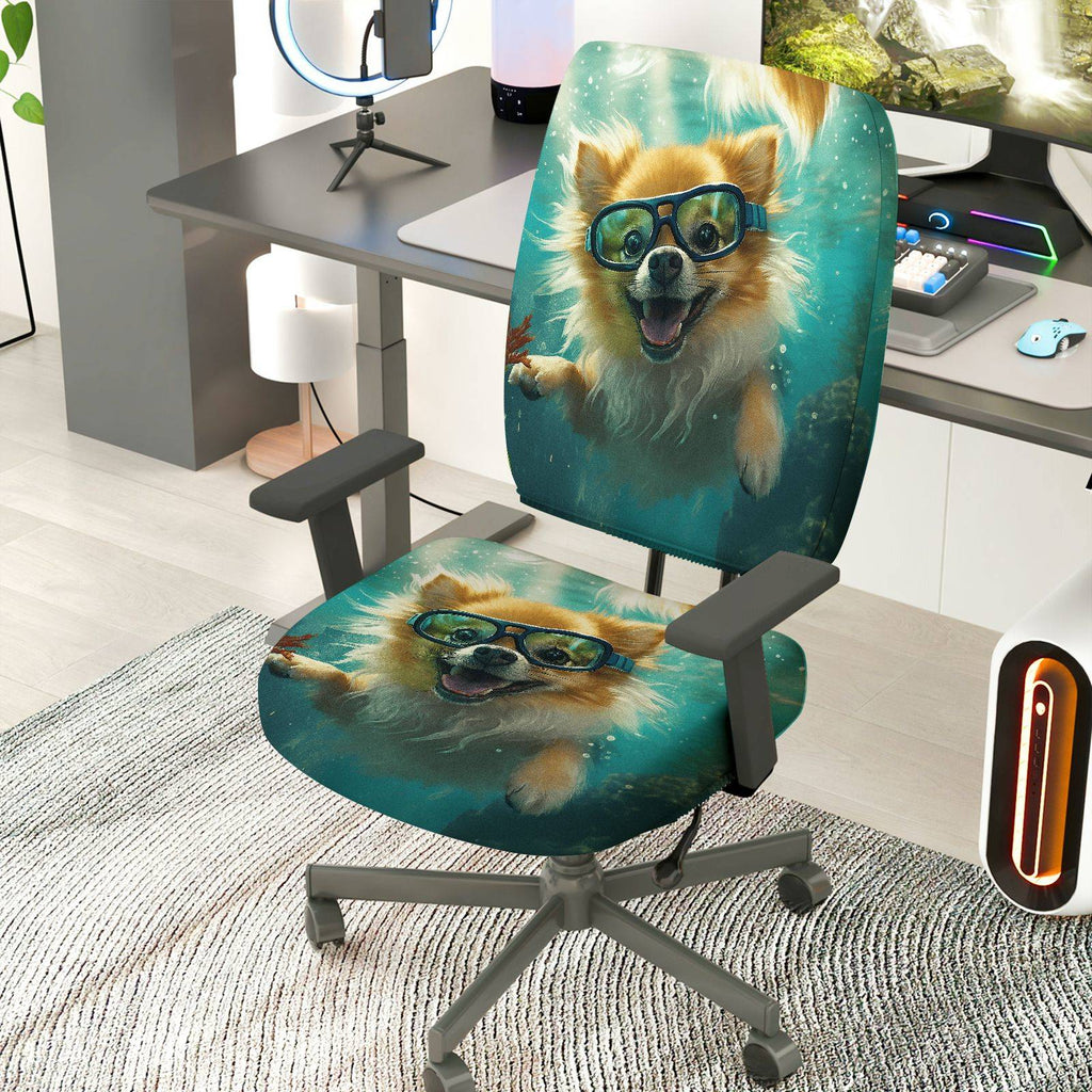 2-Piece Dog Underwater Fun Art Cute  Computer Chair Cover Set, Seat and Backrest
