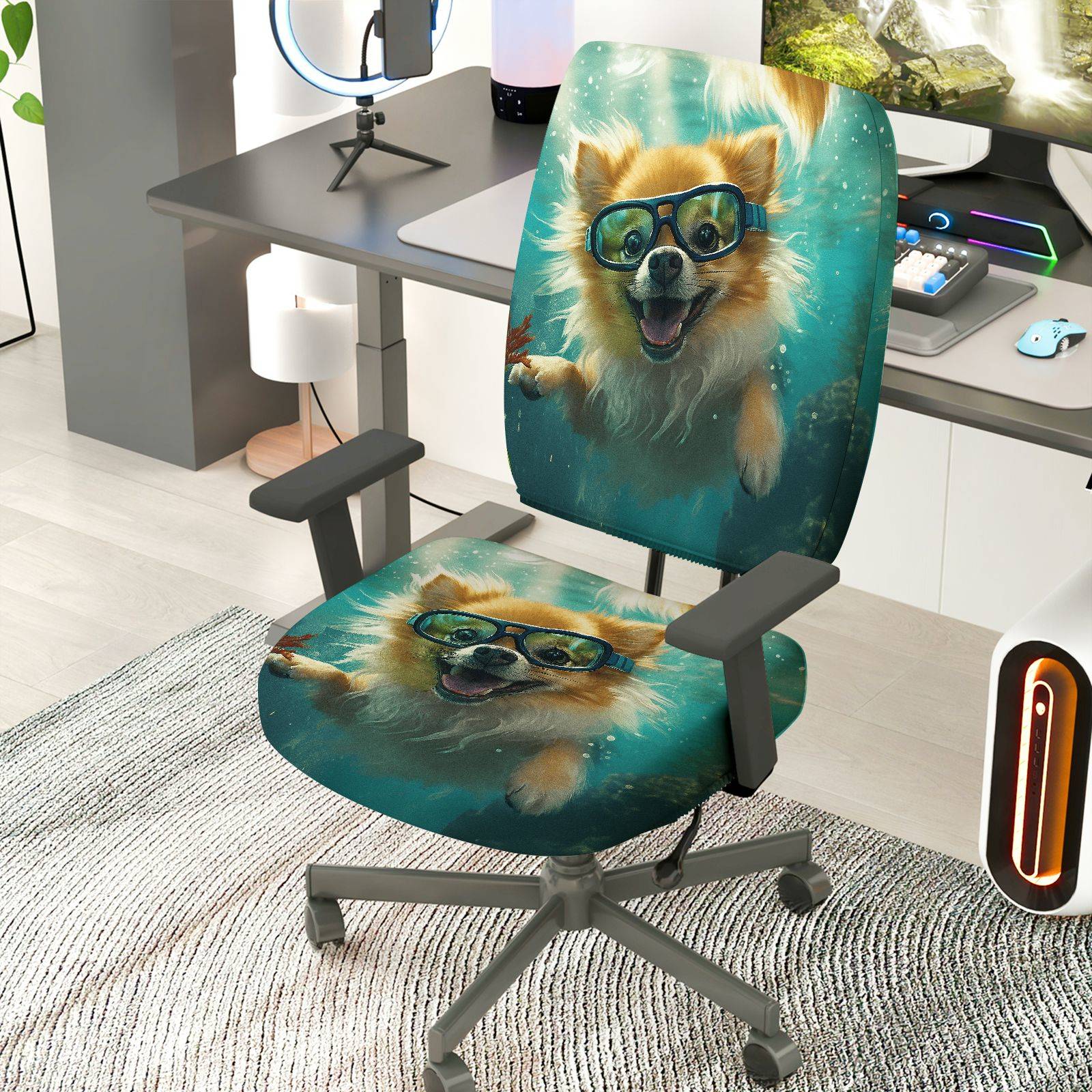 2-Piece Dog Underwater Fun Art Cute  Computer Chair Cover Set, Seat and Backrest