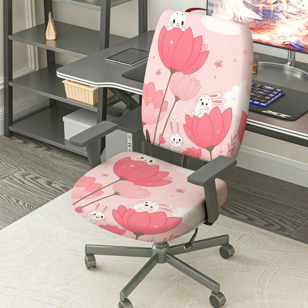 2-Piece Pink Flower Rabbit Cute Spring  Computer Chair Cover Set, Seat and Backrest