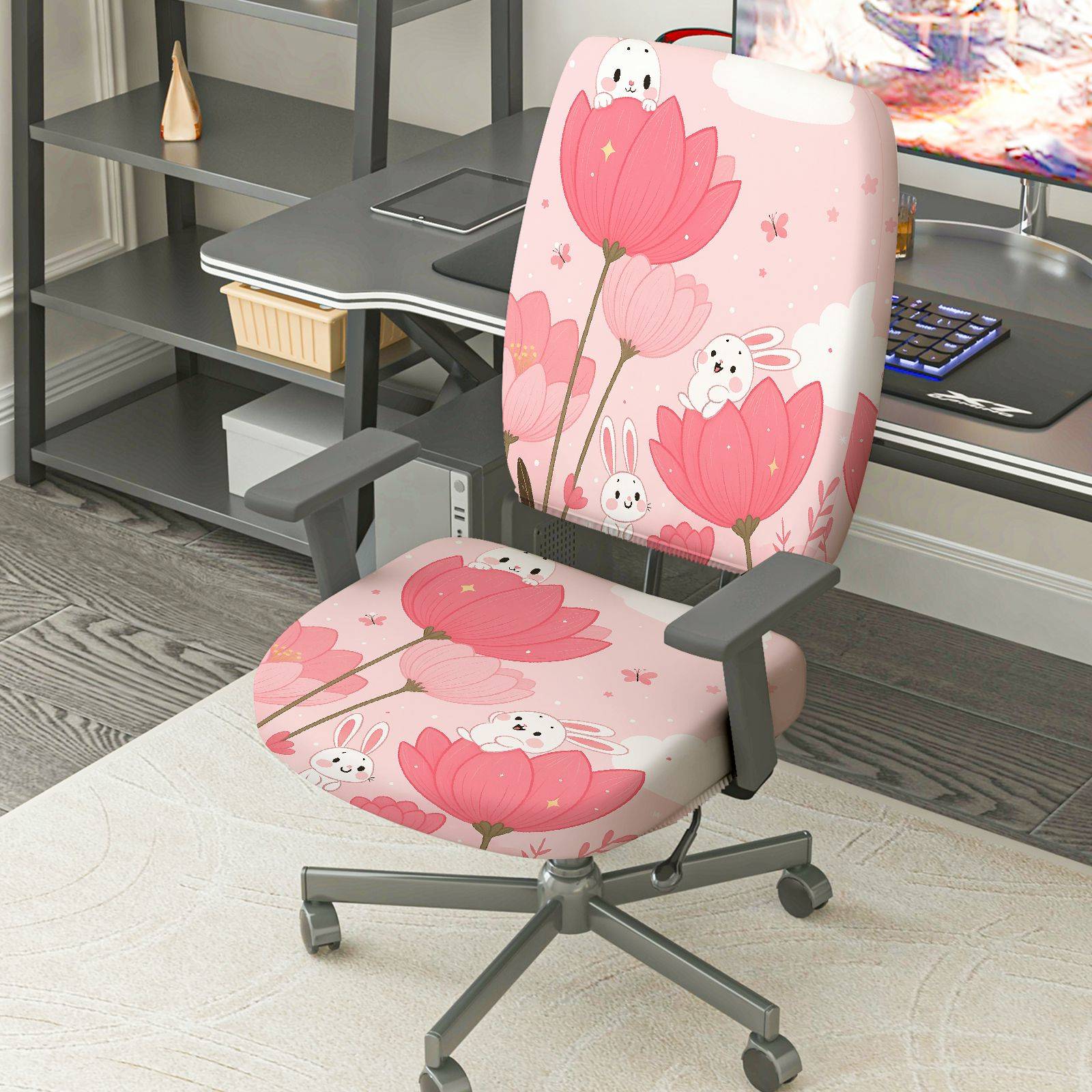 2-Piece Pink Flower Rabbit Cute Spring  Computer Chair Cover Set, Seat and Backrest