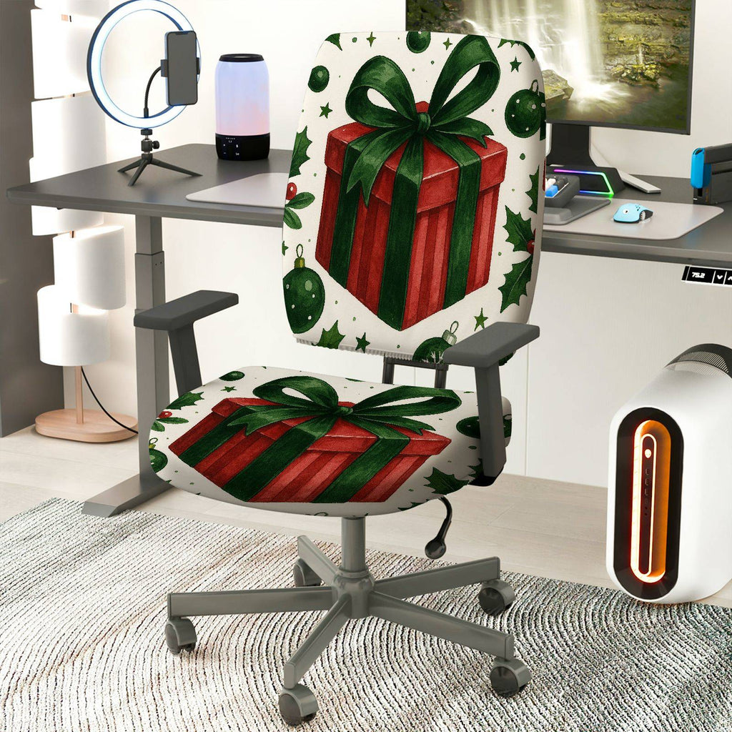 2-Piece Christmas Holiday Gift Bow Green Red  Computer Chair Cover Set, Seat and Backrest