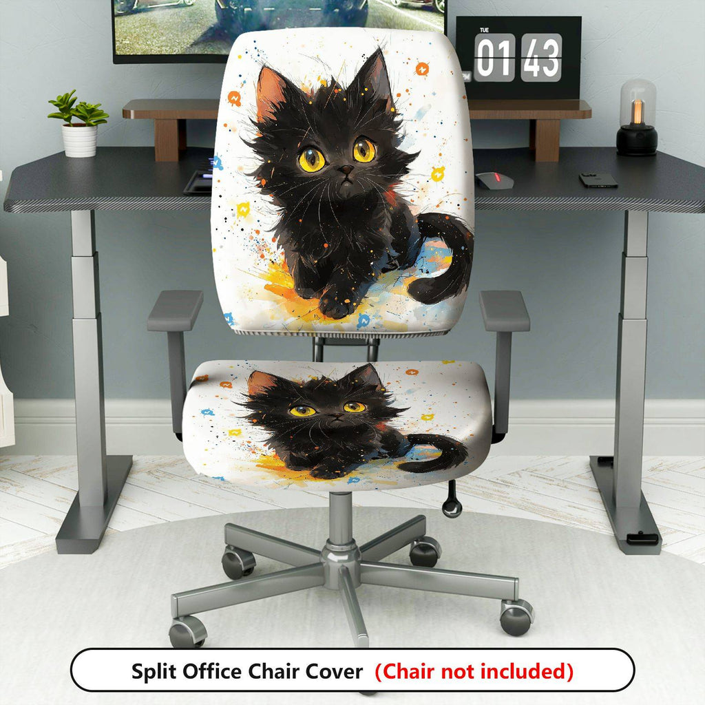 2-Piece Cute Black Cat Art  Computer Chair Cover Set, Seat and Backrest