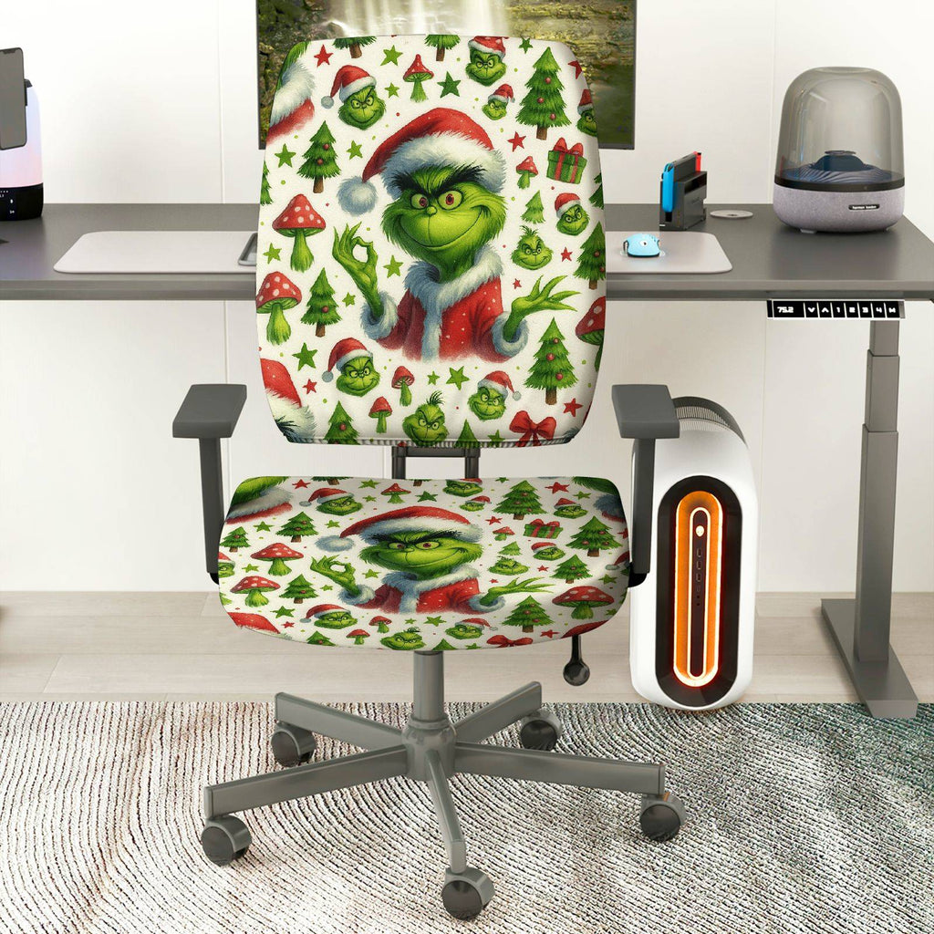 2-Piece Christmas Grinch Santa Tree Gift Decoration  Computer Chair Cover Set, Seat and Backrest