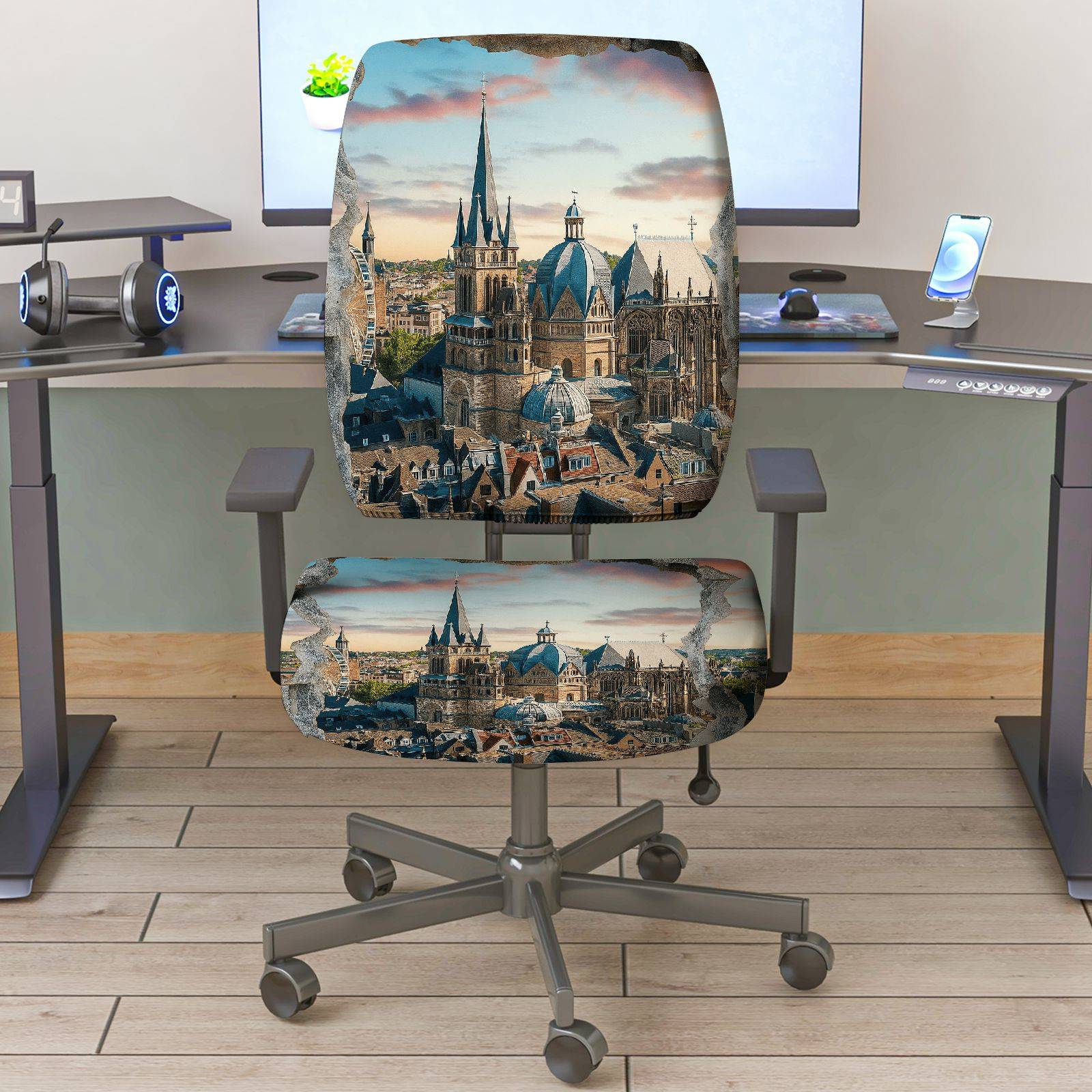 2-Piece Cathedral Landscape Architecture Travel Art  Computer Chair Cover Set, Seat and Backrest