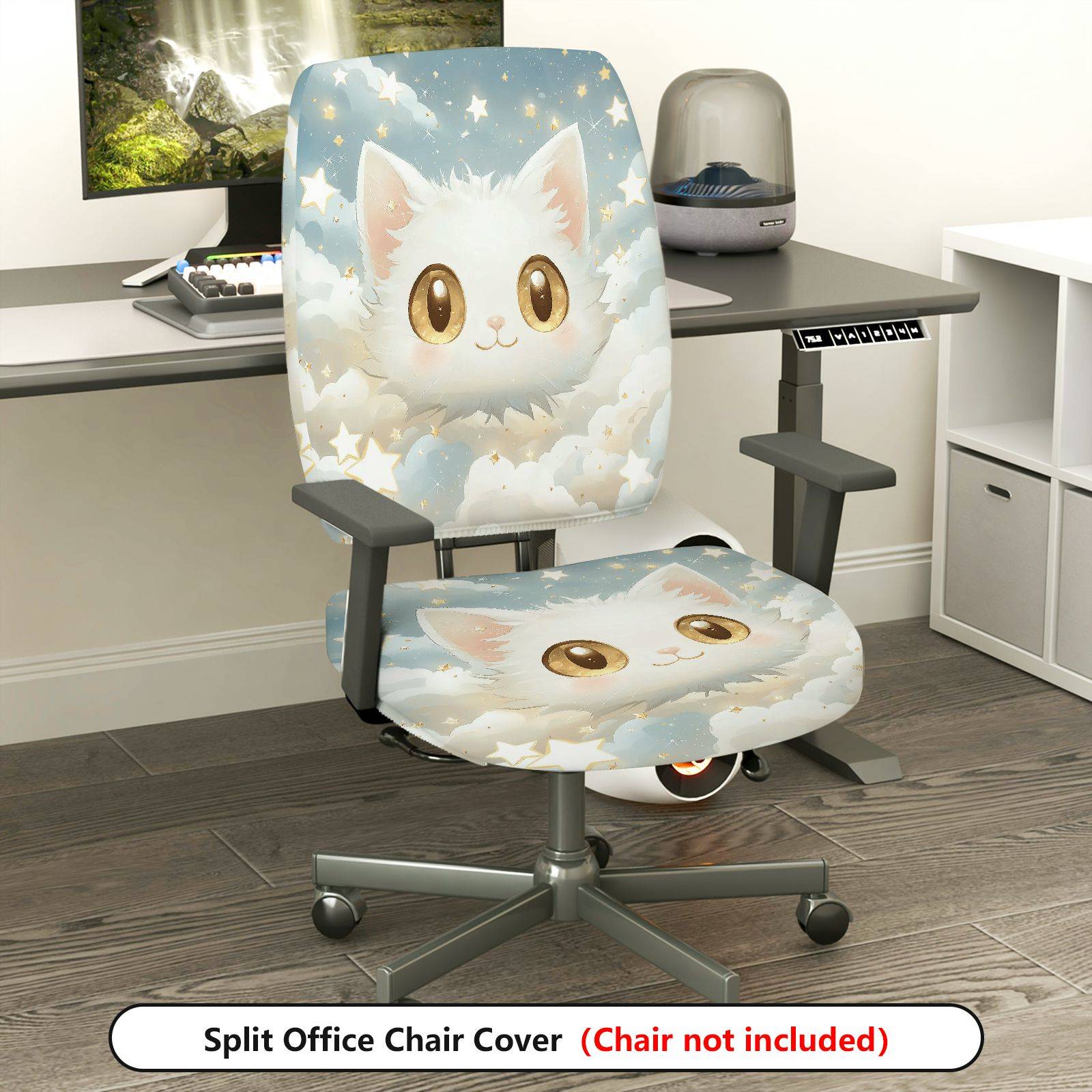 2-Piece Cute Cat Star Cloud Sky  Computer Chair Cover Set, Seat and Backrest