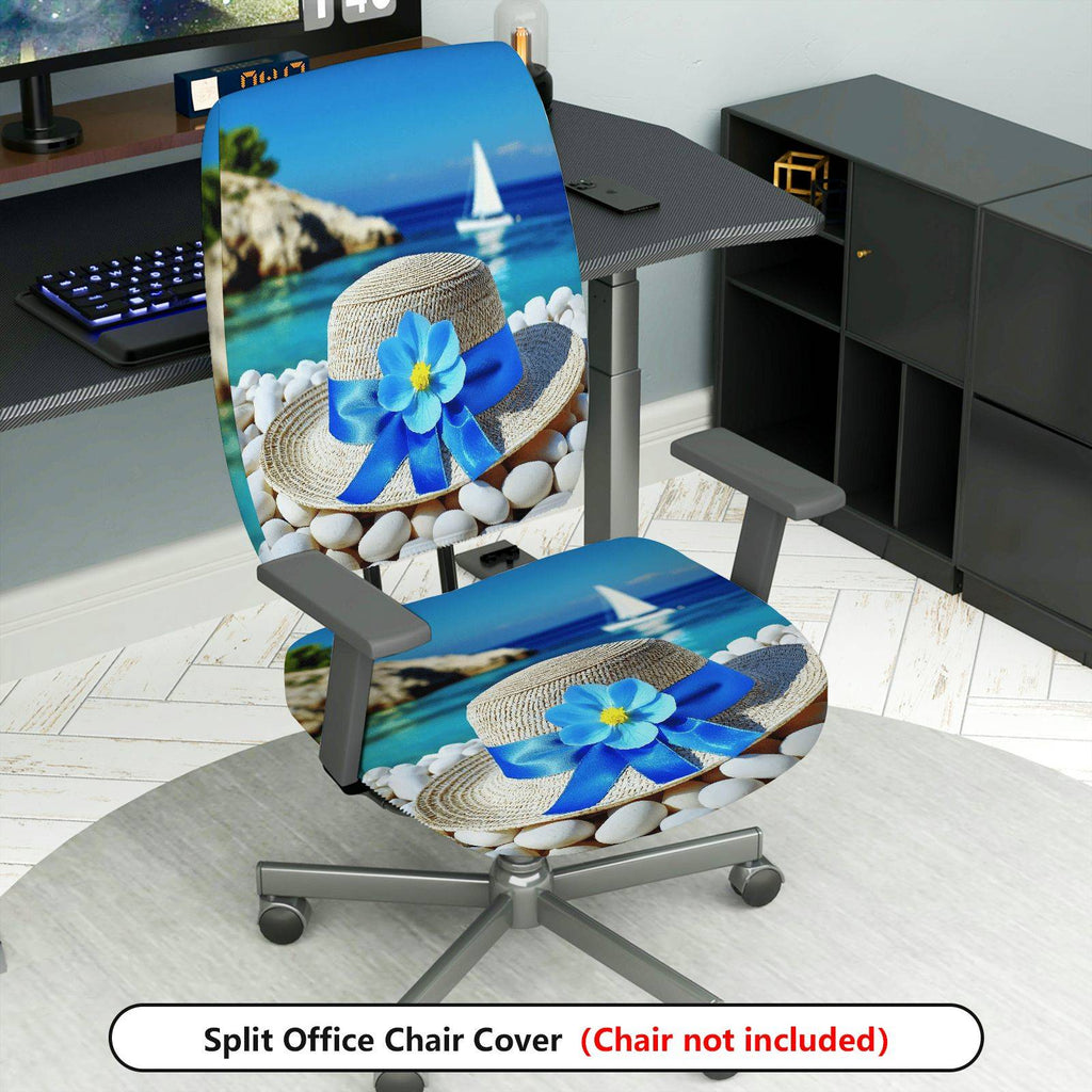 2-Piece Nautical Beach Hat Flower Sailboat Seaside  Computer Chair Cover Set, Seat and Backrest